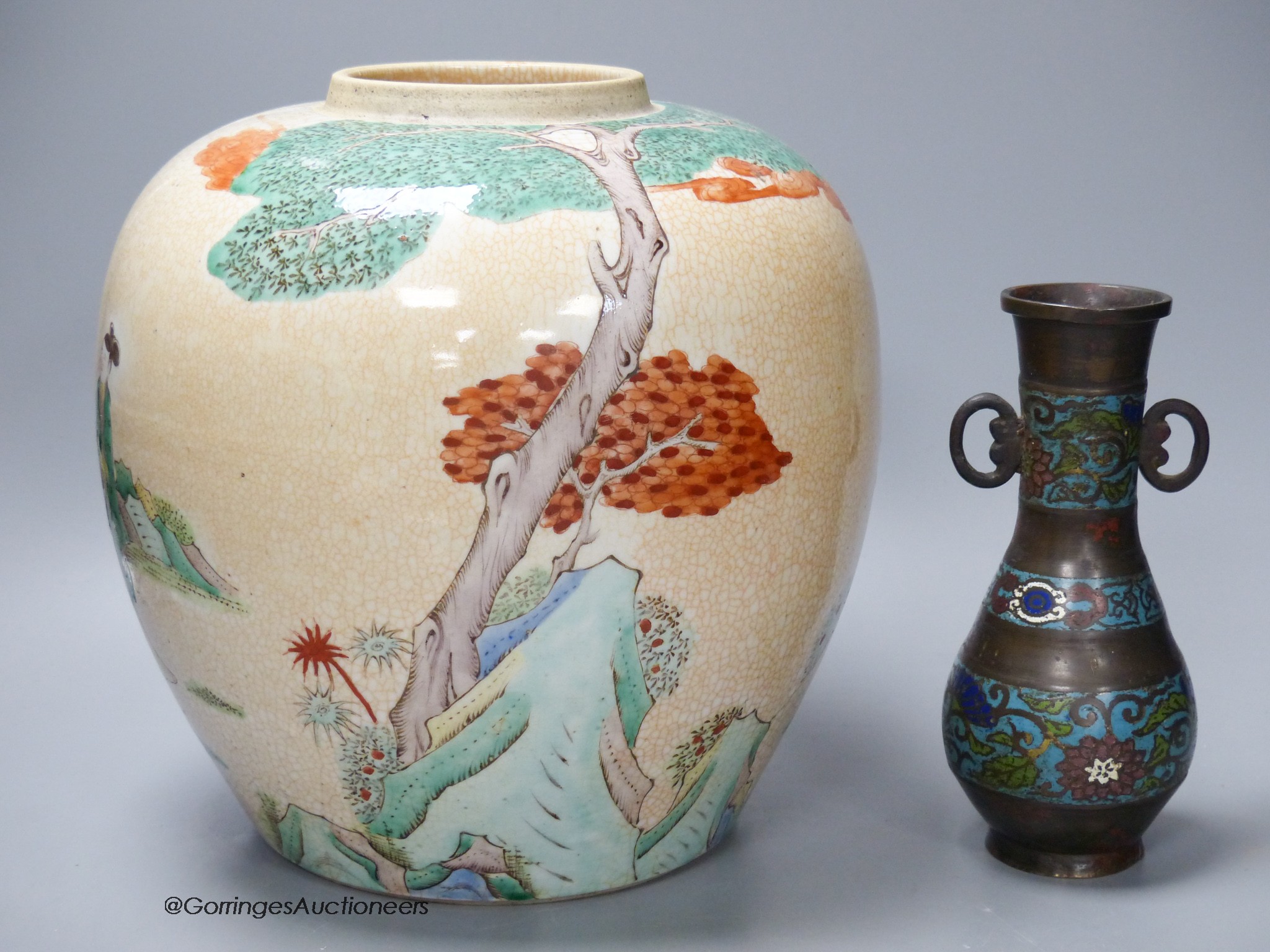 A large Chinese crackle glaze jar, height 24cm and a Japanese champleve enamel bronze vase                                                                                                                                  