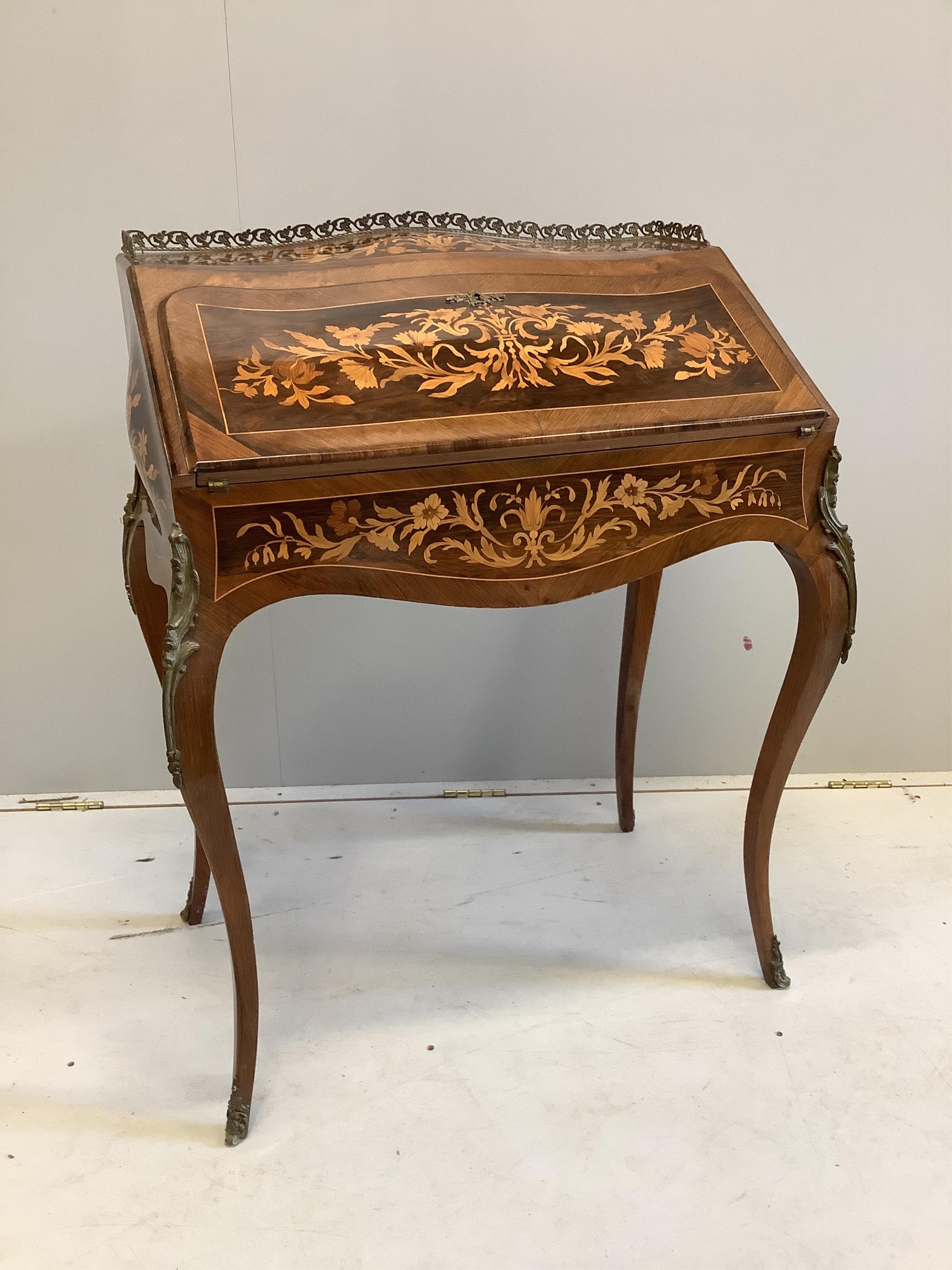 A marquetry inlaid rosewood bureau de dame, width 76cm, depth 47cm, height 96cm. Condition - good                                                                                                                           