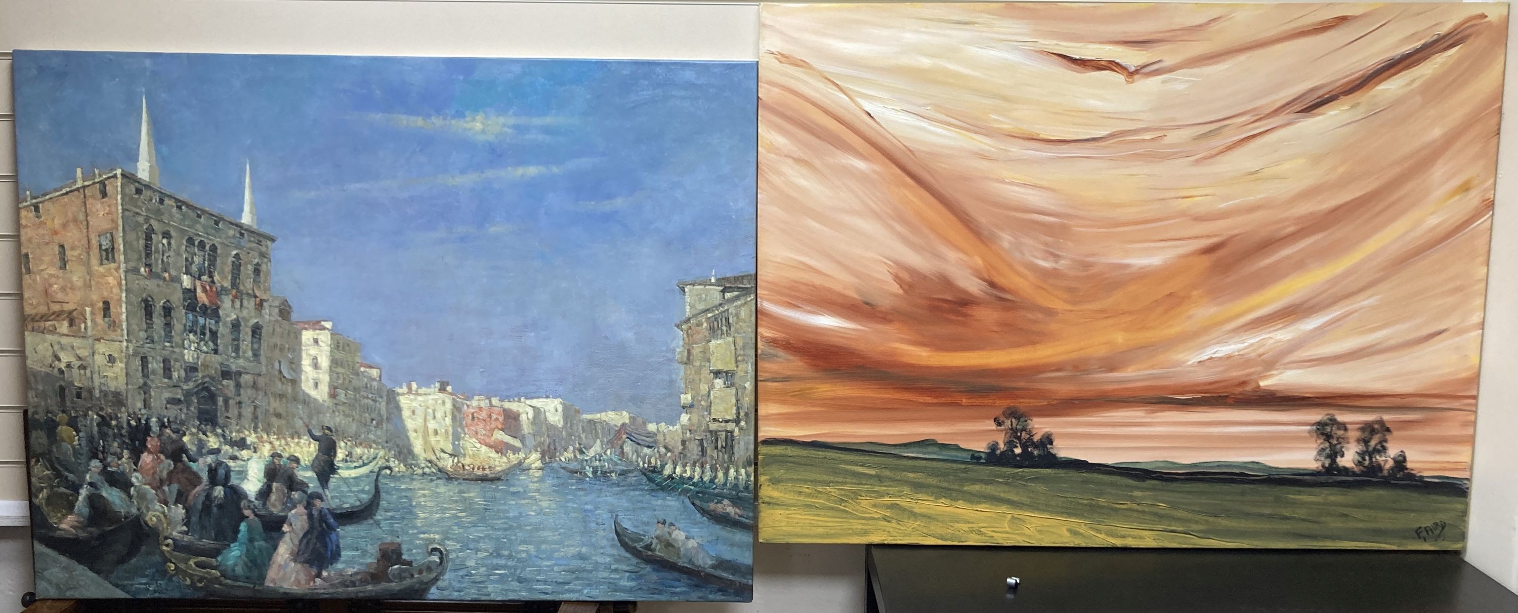 A modern oil on canvas, View along the Grand Canal, 92 x 123cm and a Sunset landscape, signed F. Aird, 91 x 122cm, both unframed                                                                                            