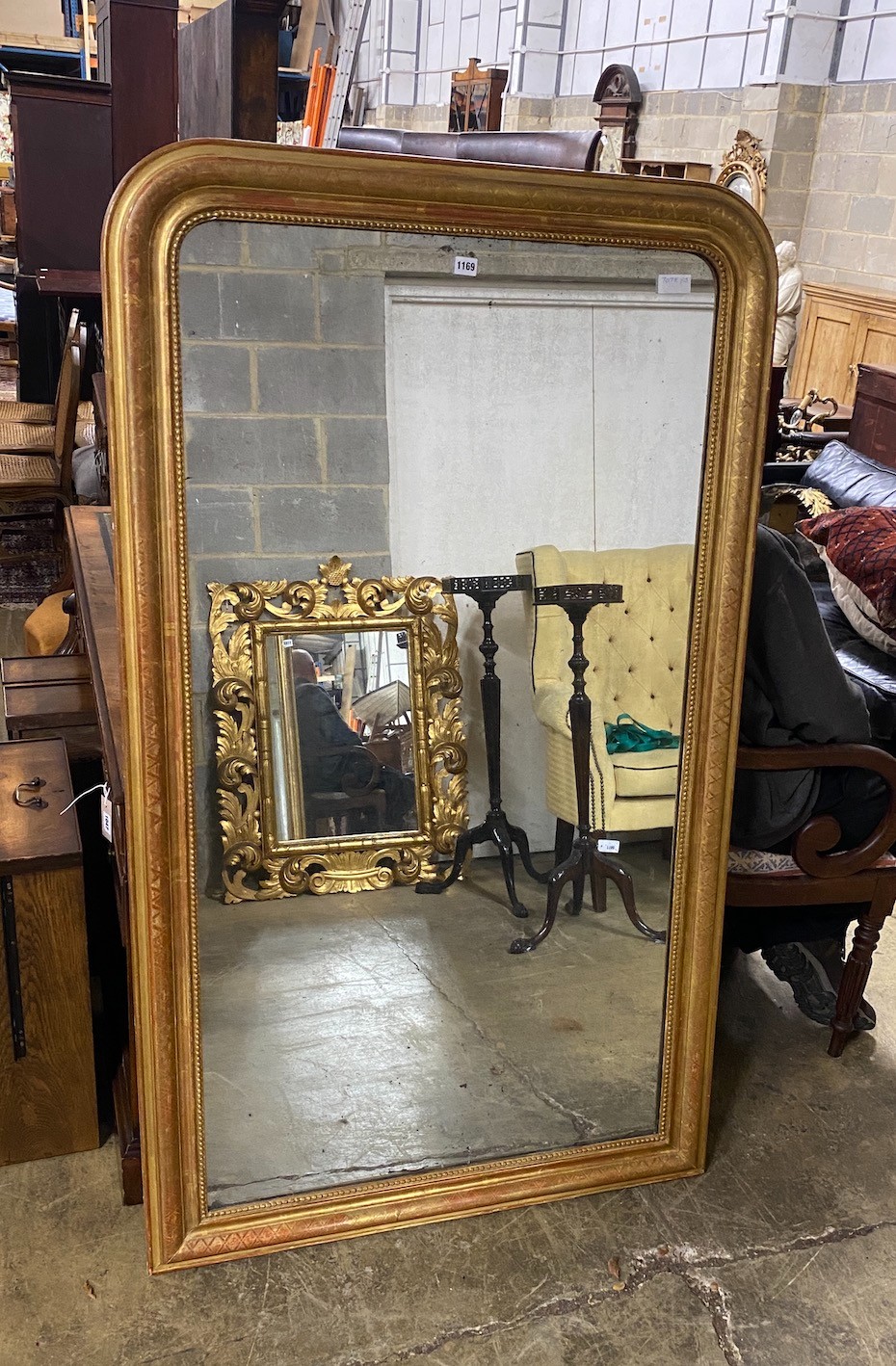 A 19th century French giltwood Louis Philippe overmantel mirror, width 95cm, height 161cm                                                                                                                                   