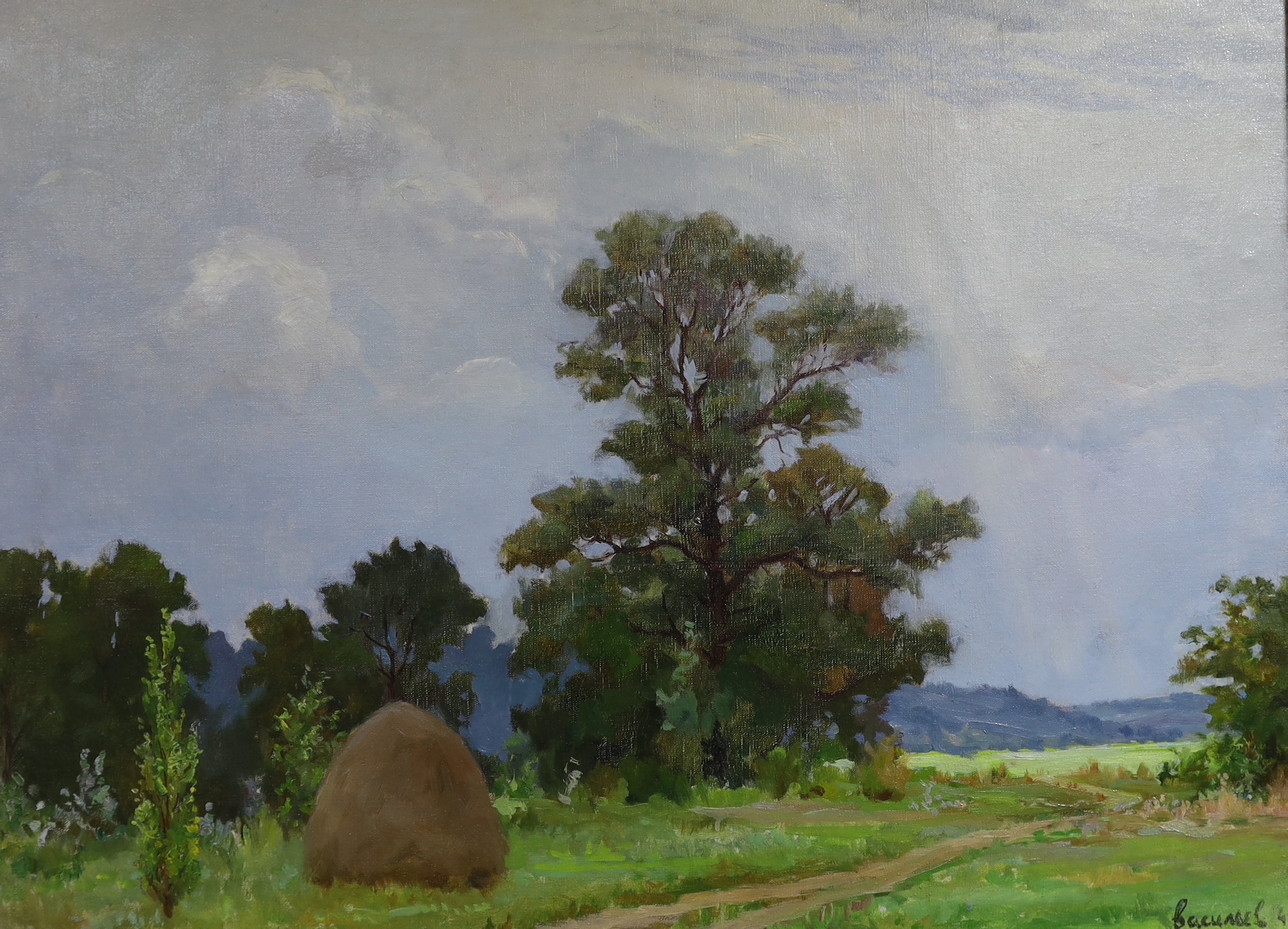 E. Vasiliev, oil on canvas, Landscape with Haystack, signed and dated 1946, 59 x 79cm                                                                                                                                       