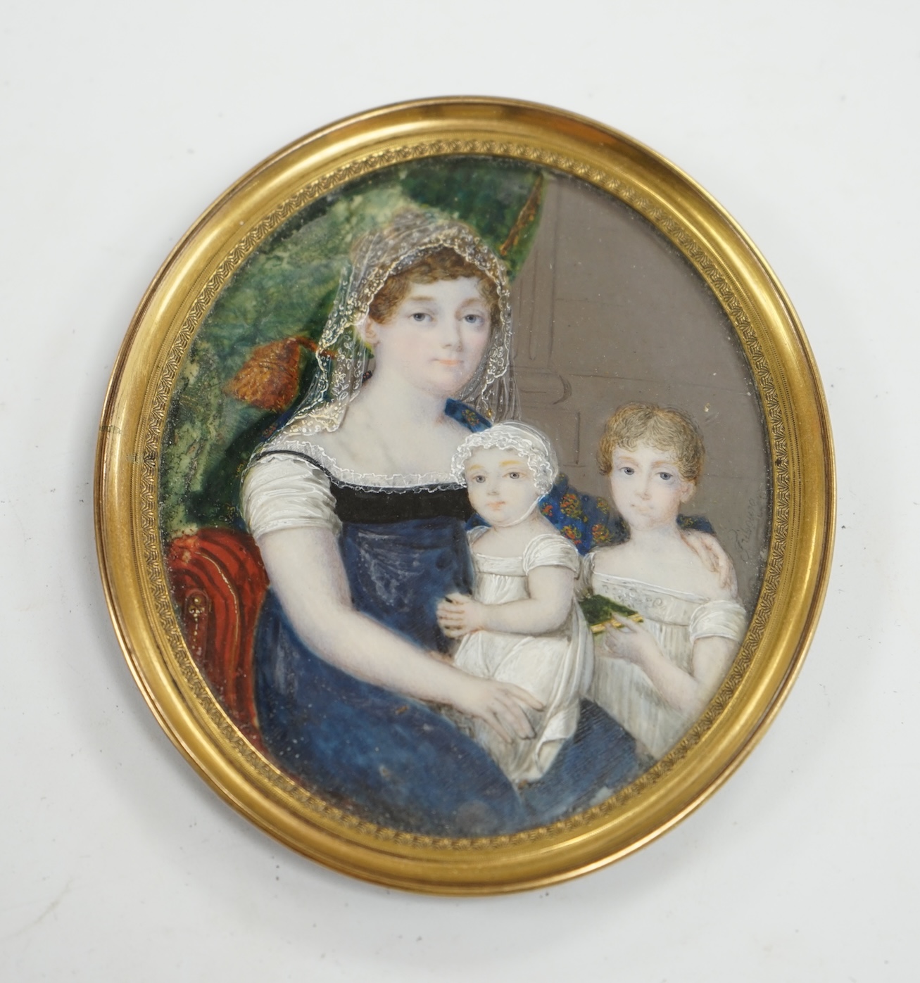 Fribourg, early 19th century portrait miniature, mother and two children, 9 x 7.5cm. CITES Submission reference 1QQK2KZ8. Condition - fair to good                                                                          