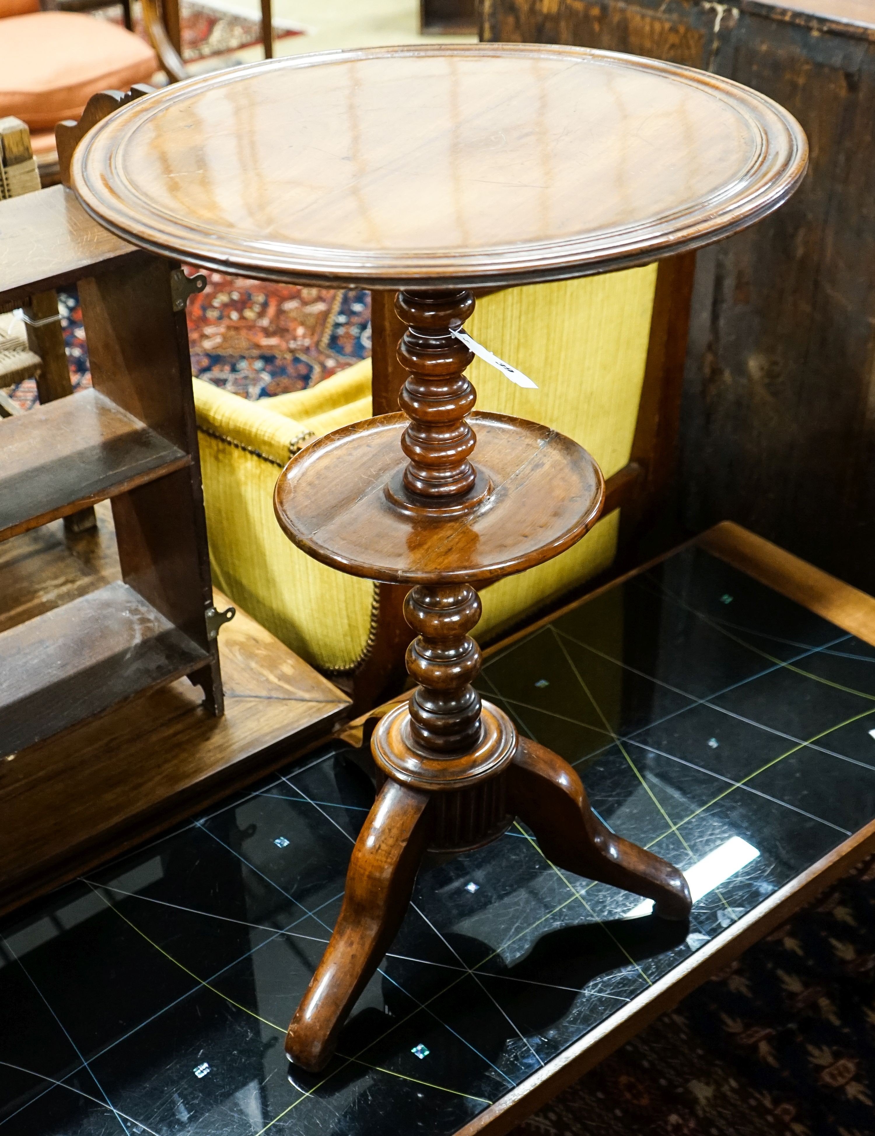 A French two tier mahogany Gueridon tripod table, diameter 48cm, height 72cm                                                                                                                                                