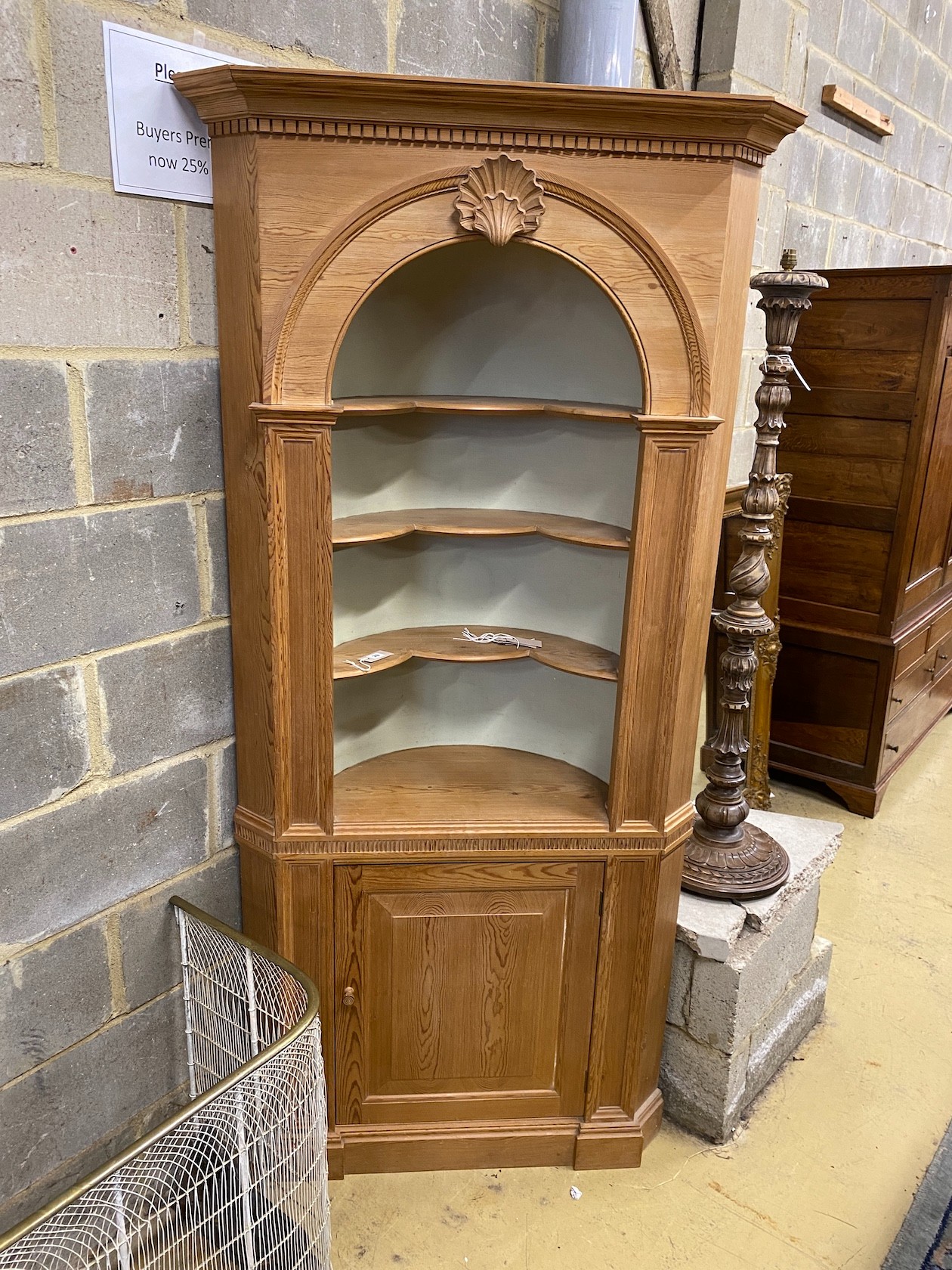 A George III style pitch pine standing corner cabinet, width 96cm, depth 34cm, height 199cm                                                                                                                                 