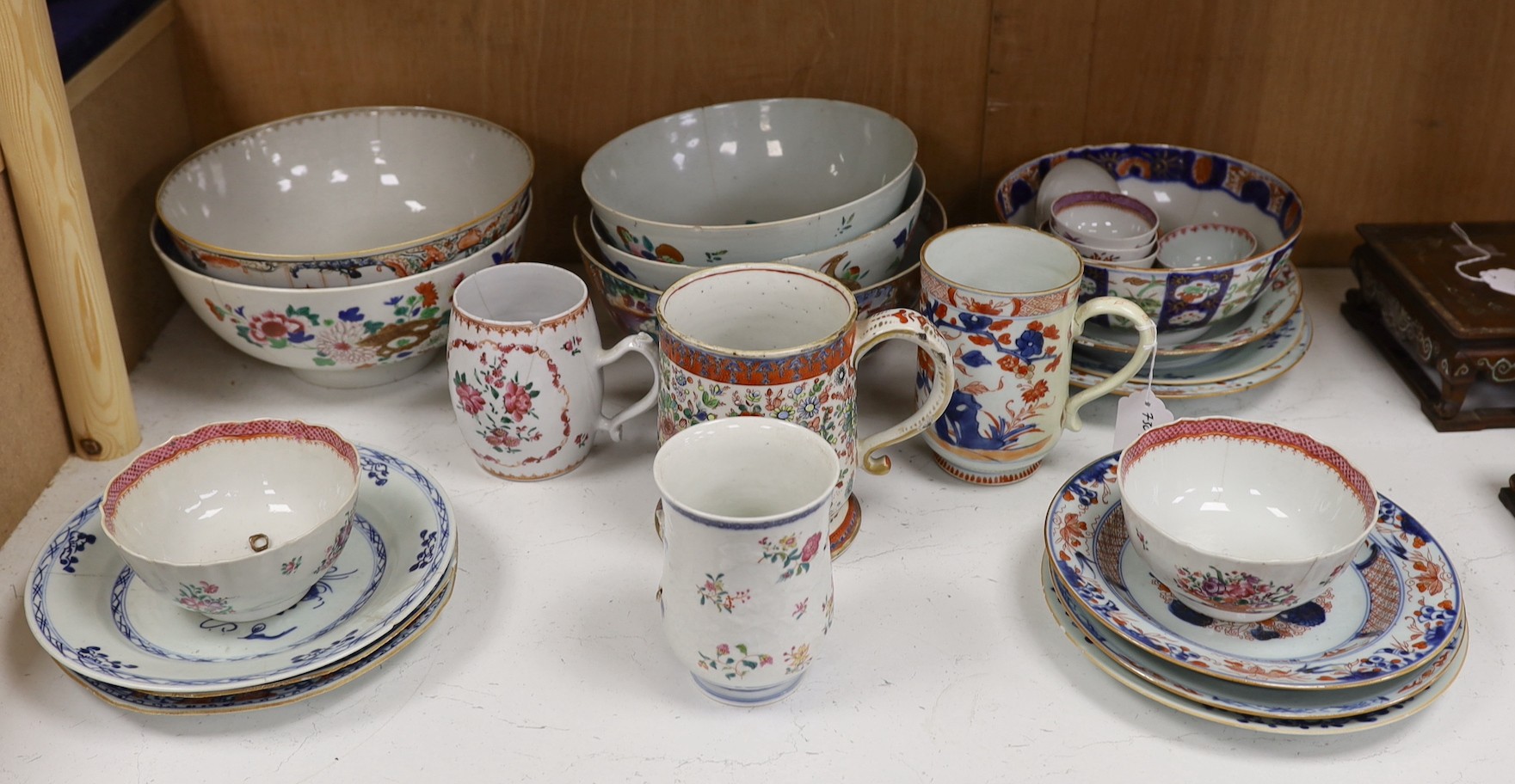 A large selection of 18th century Chinese export porcelain bowls, plates and mugs a/f                                                                                                                                       
