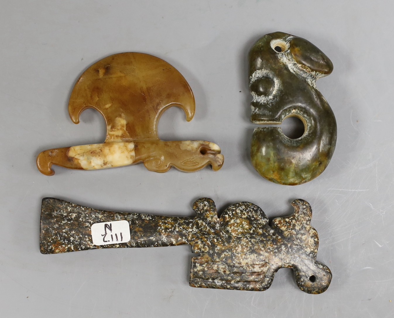 Three Chinese archaistic jade or hardstone carvings                                                                                                                                                                         