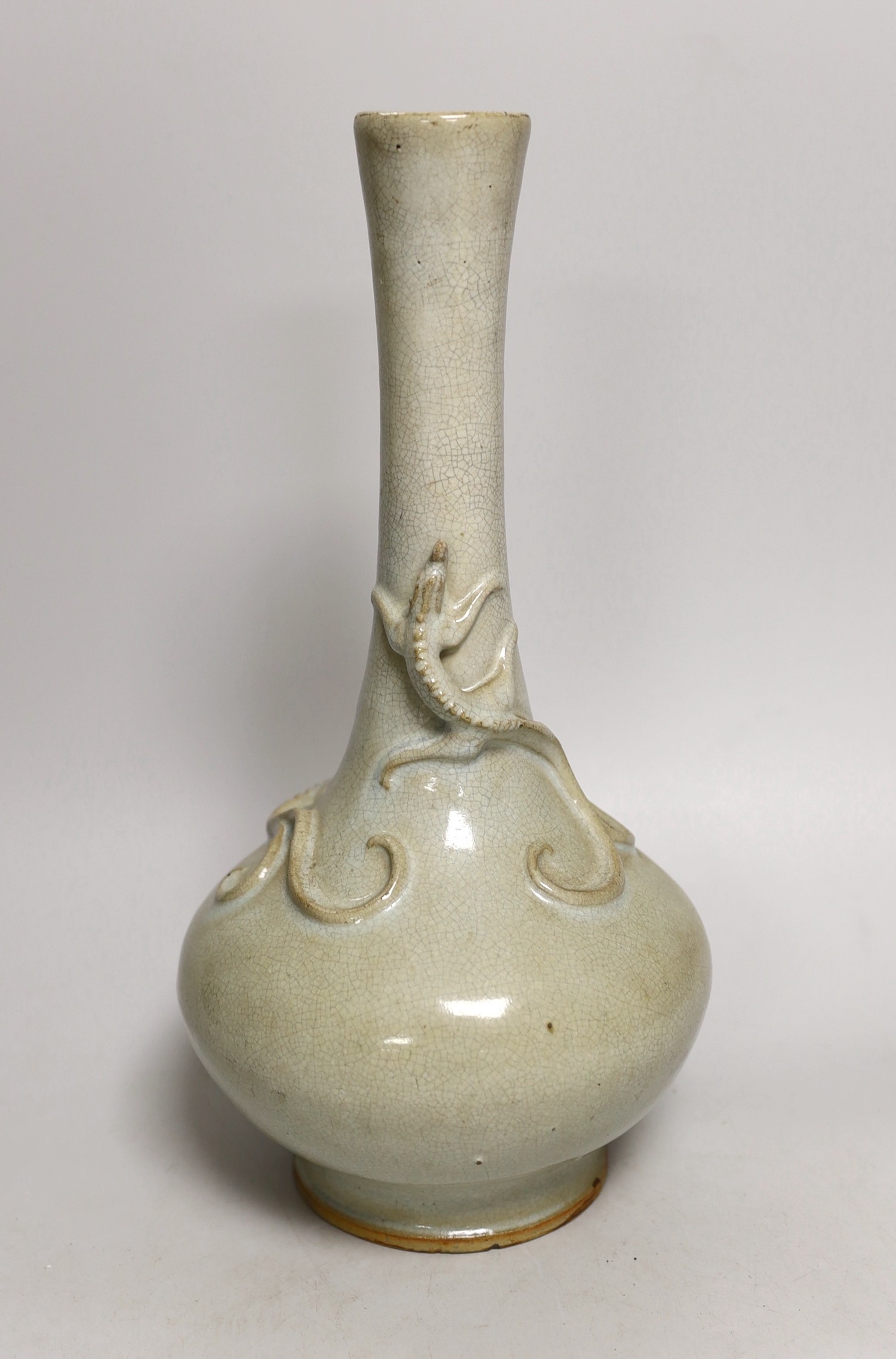 A Chinese crackle glaze ‘chilong’ bottle vase, late Qing dynasty, 33cm                                                                                                                                                      