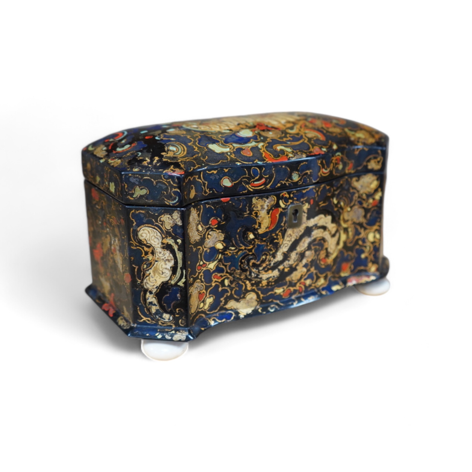 A Victorian Jennens & Bettridge papier mache tea caddy, stamped mark, 20cm wide. CITES Submission reference MB3GJPPY. Condition - fair to good (repaired hinge area)                                                        