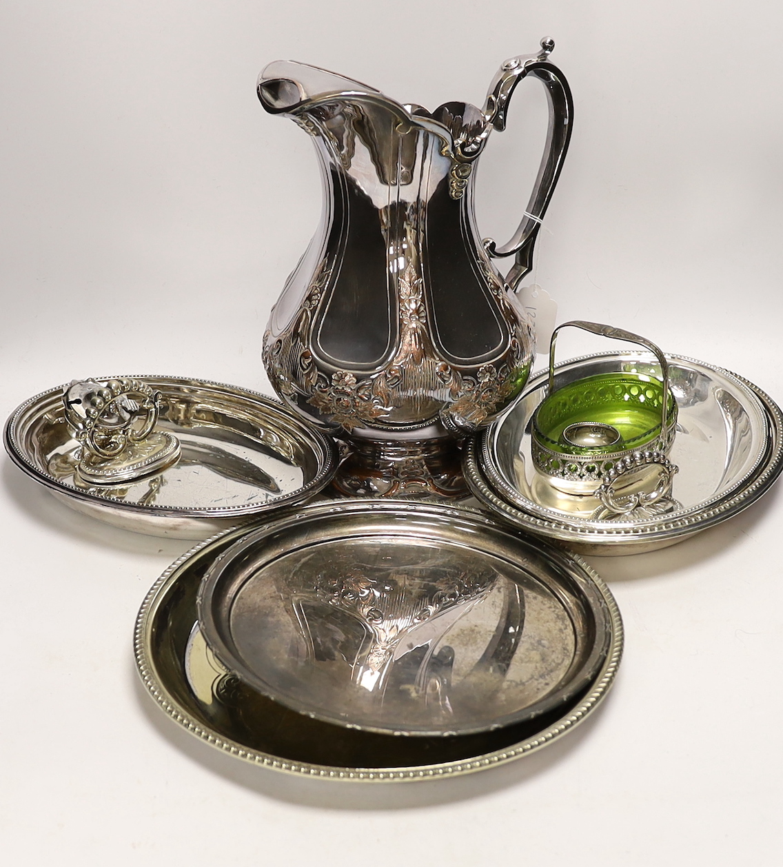 A small silver mustard pot and assorted plated wares including a large copper on electroplate jug, jug 30cm                                                                                                                 