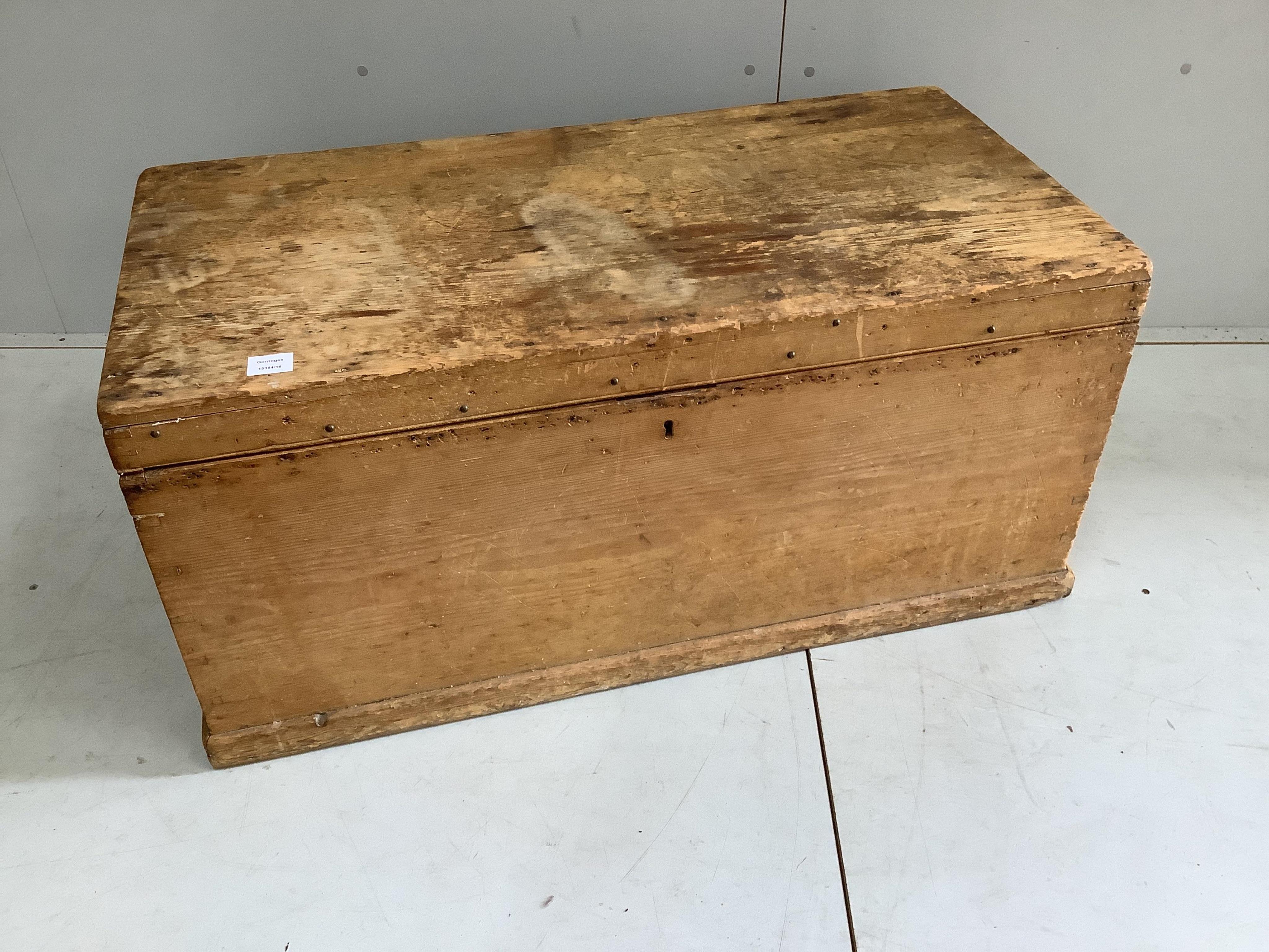 A Victorian pine trunk, width 105cm, depth 52cm, height 49cm. Condition - fair                                                                                                                                              