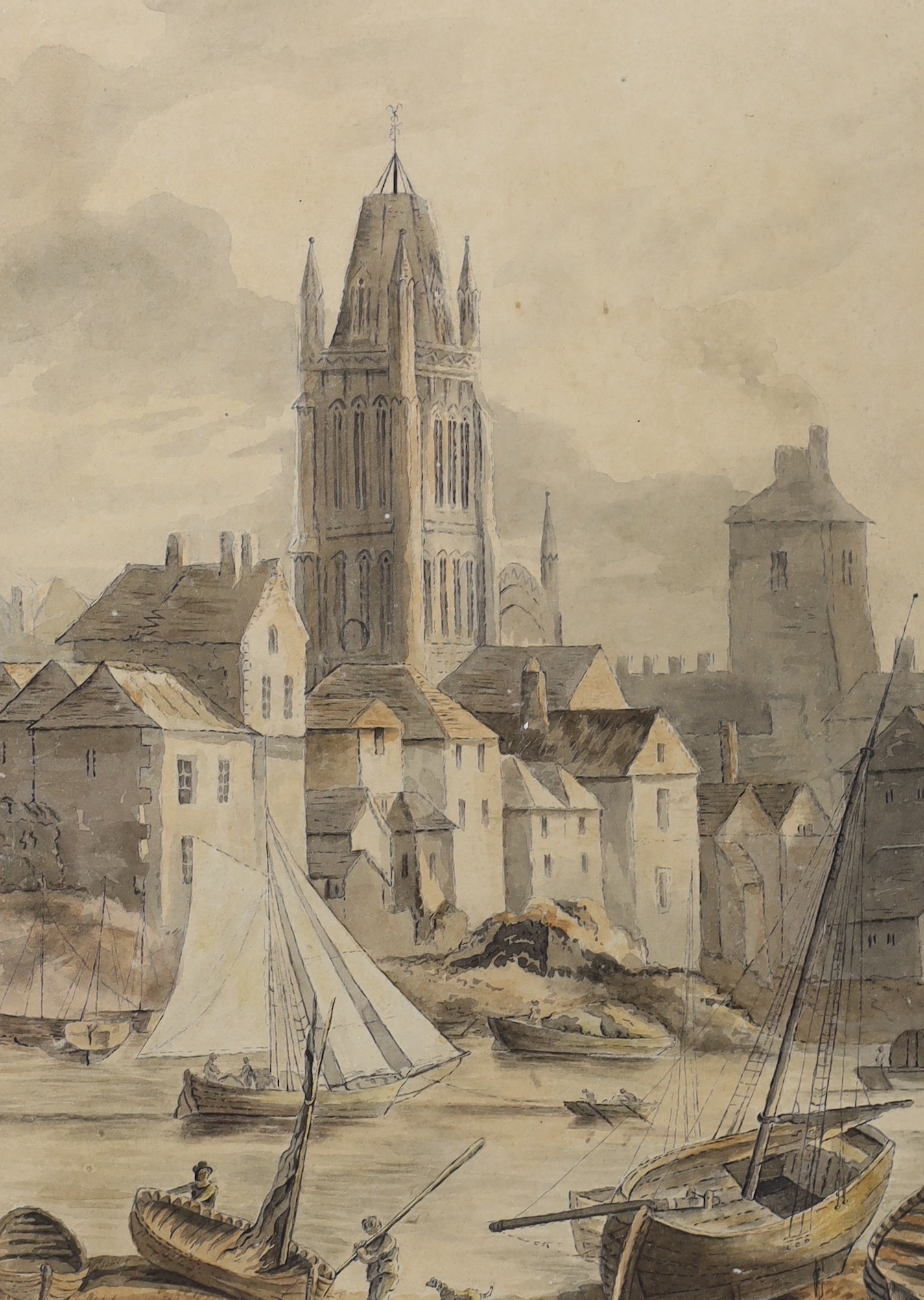 William Fleetwood Varley (1785-1856), ink and watercolour drawing, 'St Mary Church, Redcliffe, Bristol', initialled and titled in ink, inscribed verso, 26 x 19.5cm, unframed                                               