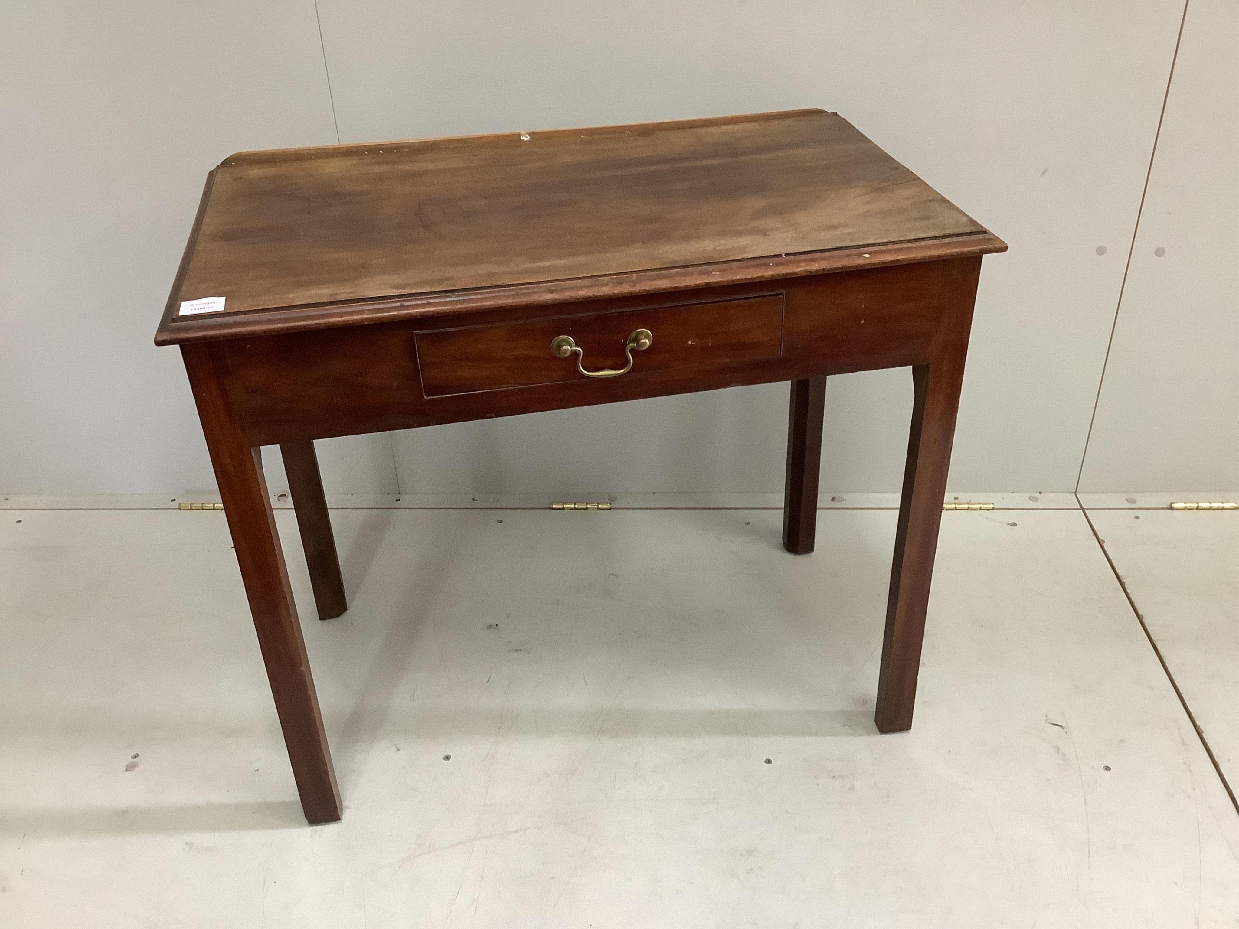 A George III mahogany side table, width 85cm, depth 47cm, height 73cm. Condition - fair                                                                                                                                     