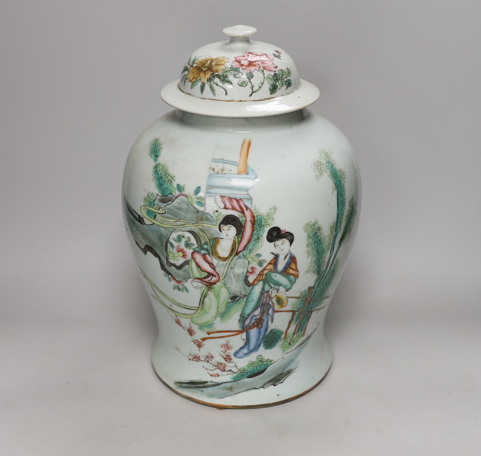 A large Chinese famille rose baluster jar and cover, Republic period, 39cm high                                                                                                                                             