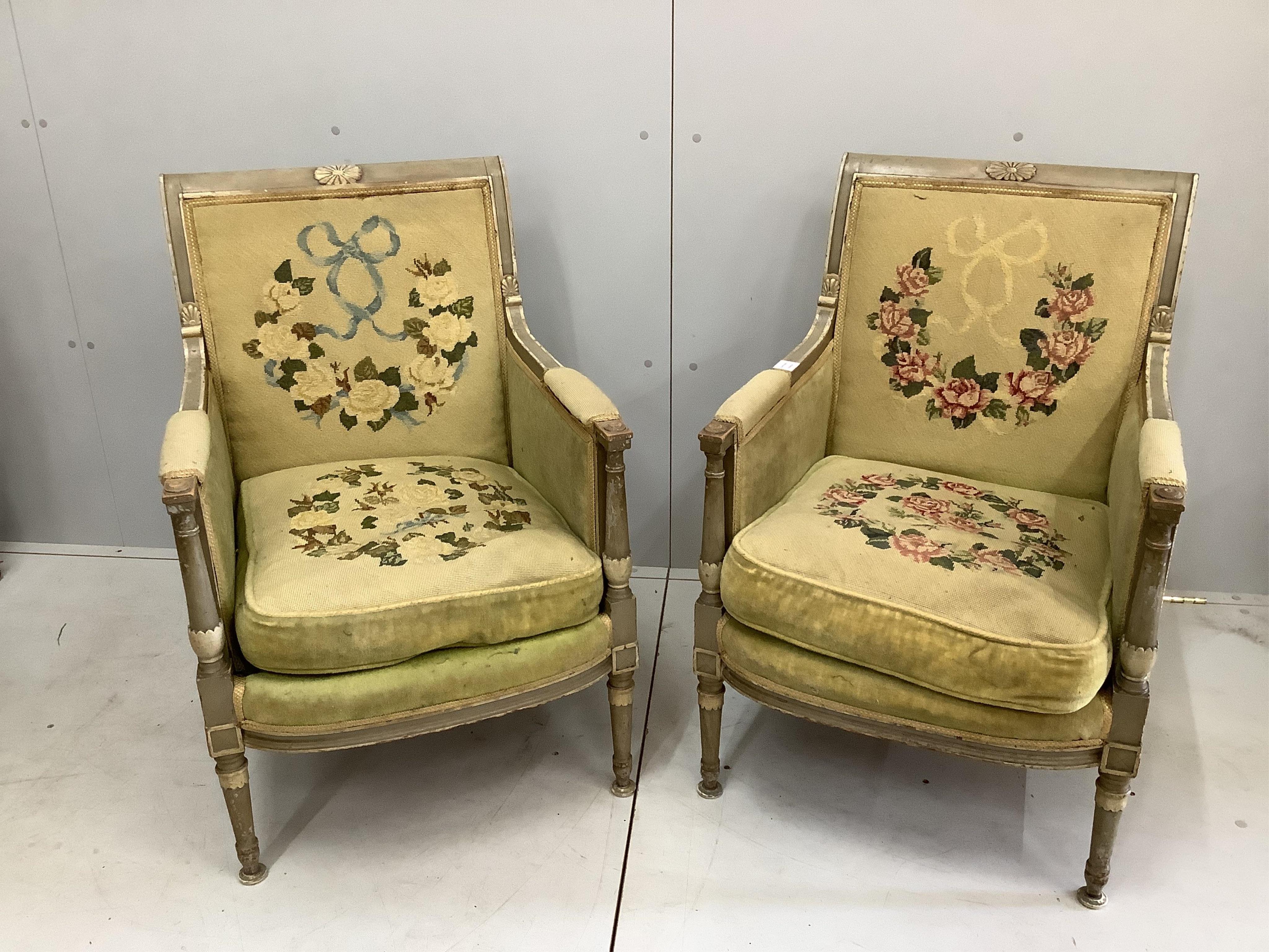 A pair of 19th century French chairs, width 60cm, depth 60cm, height 88cm                                                                                                                                                   