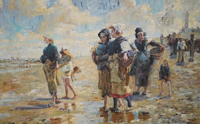 Modern British, oil on board, Beach scene, 59 x 90cm. Condition - good                                                                                                                                                      