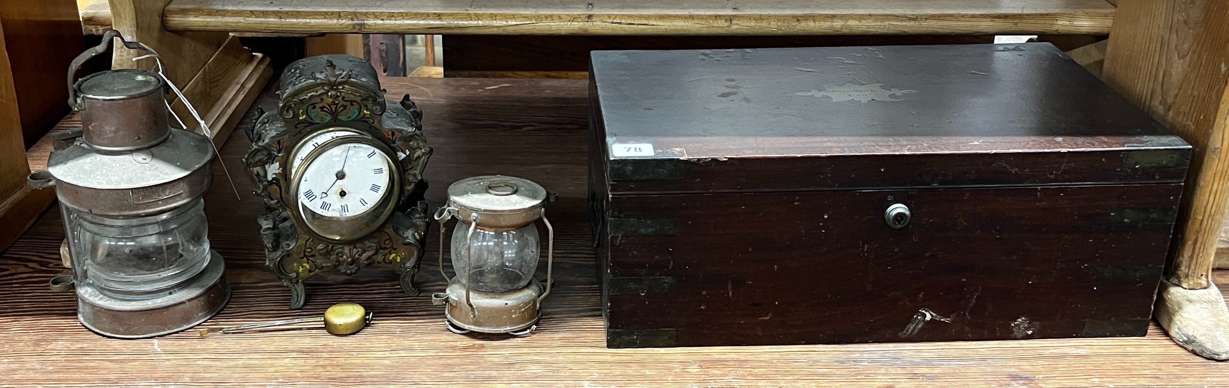 A 19th century mahogany cutlery box, width 46cm, two miniature ship's lanterns and a French inlaid mantel clock                                                                                                             