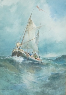 William "St. Thomas" Smith (1862-1947), watercolour, Fishing boat at sea, 59 x 42cm, ornately gilt framed. Condition - good                                                                                                 