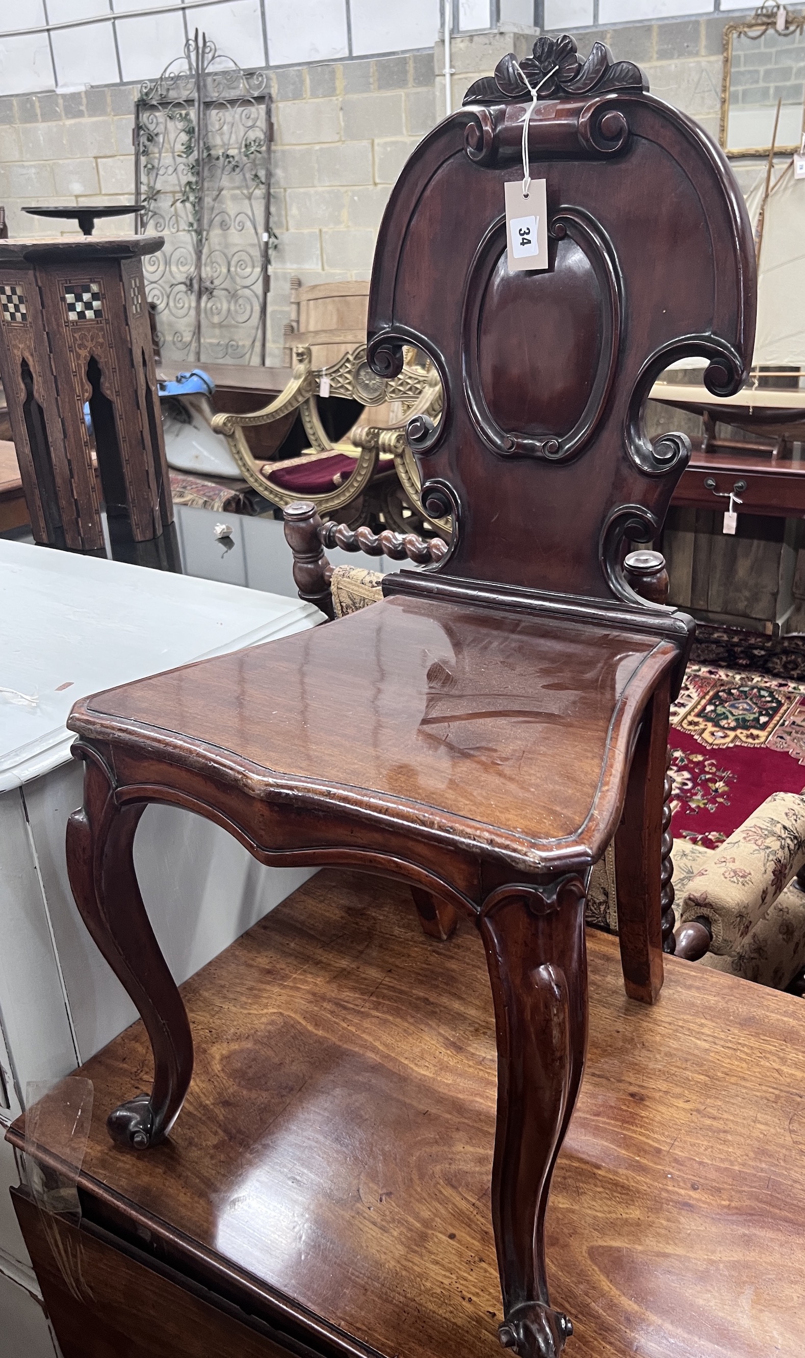 A Victorian mahogany hall chair, height 90cm                                                                                                                                                                                