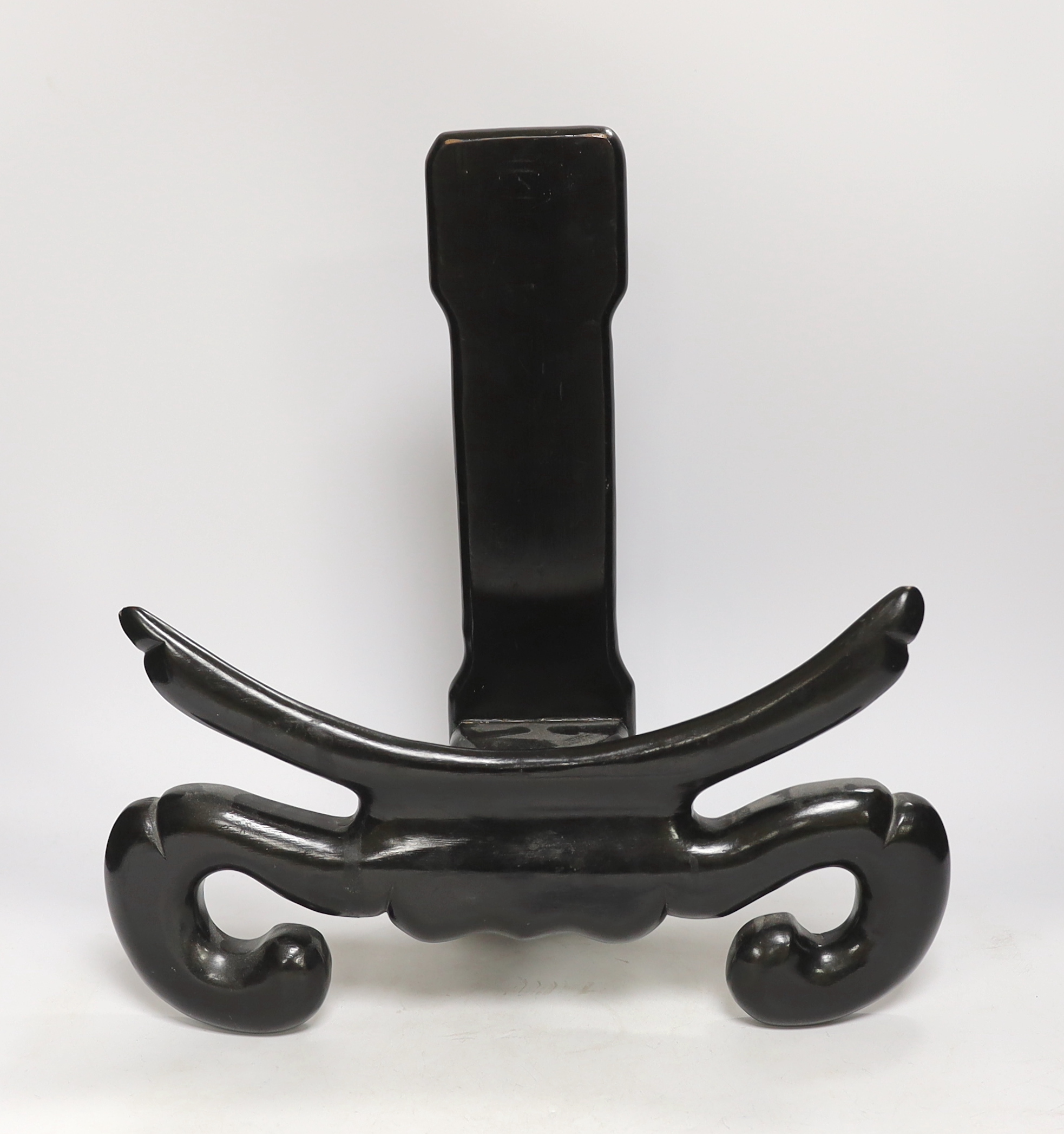 A large Chinese ebonised hardwood dish stand, 40cm tall x 38cm wide                                                                                                                                                         