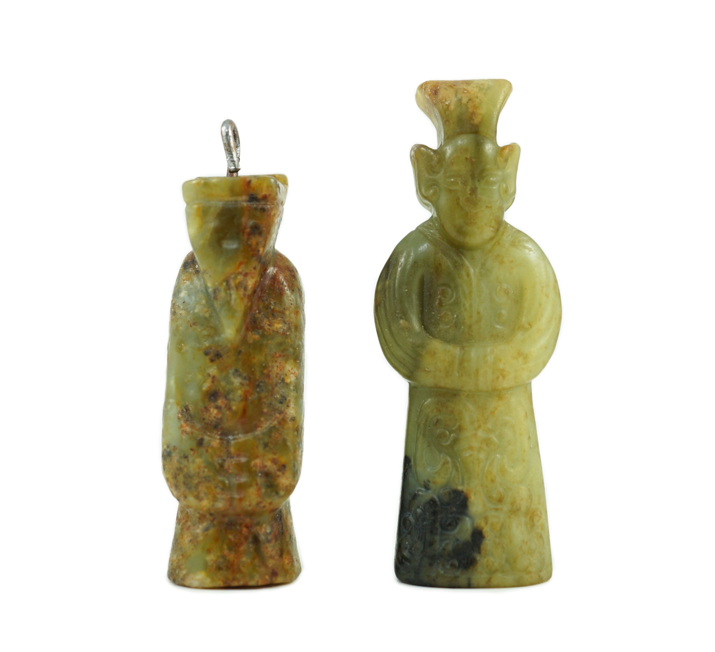 Two Chinese archaic jade figures of a man, probably Western Zhou to Han dynasty                                                                                                                                             