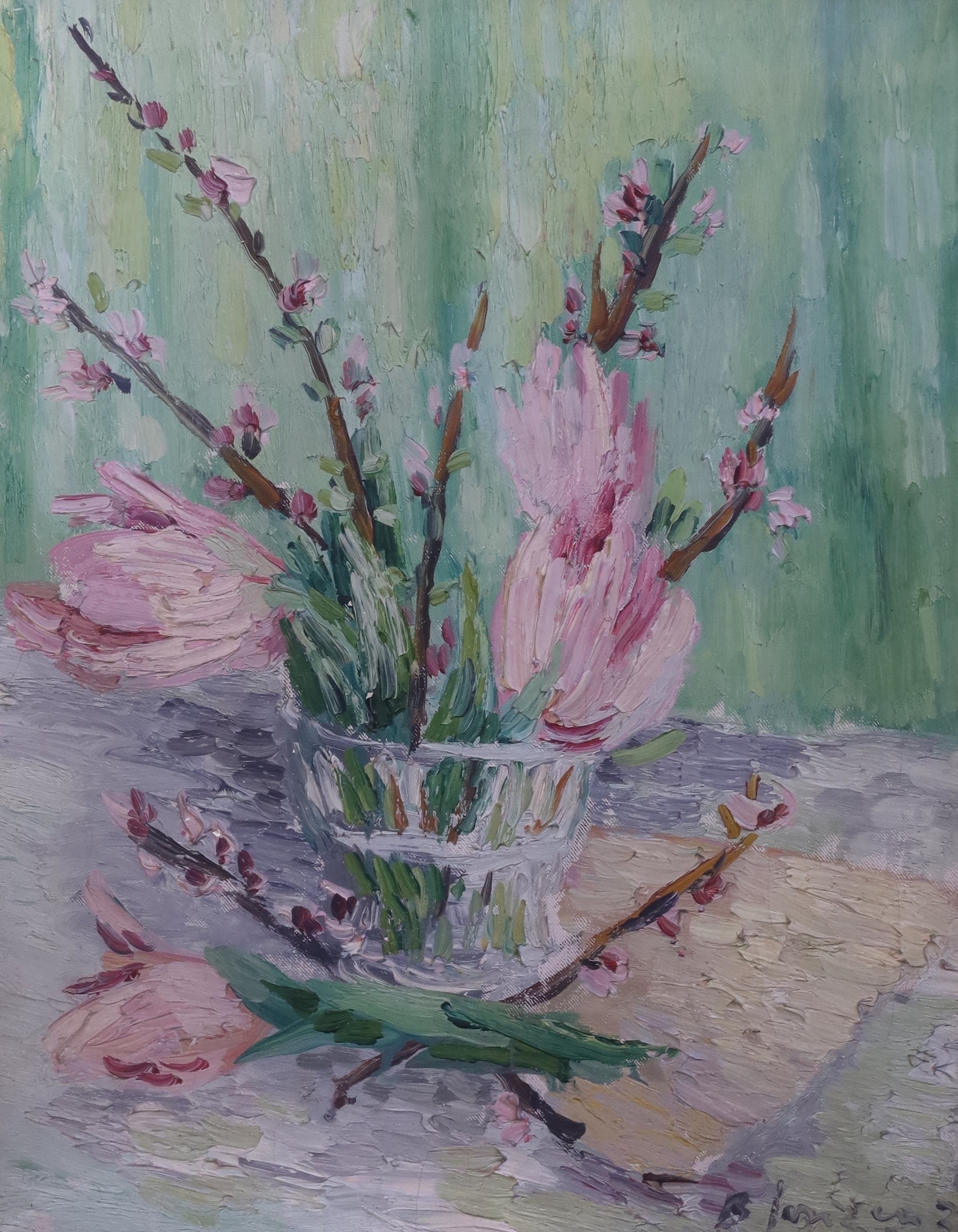 Basil Jonzen (British, 1913-1967), Still life of Magnolia blossom in a glass vase, oil on canvas, 51 x 40.5cm                                                                                                               