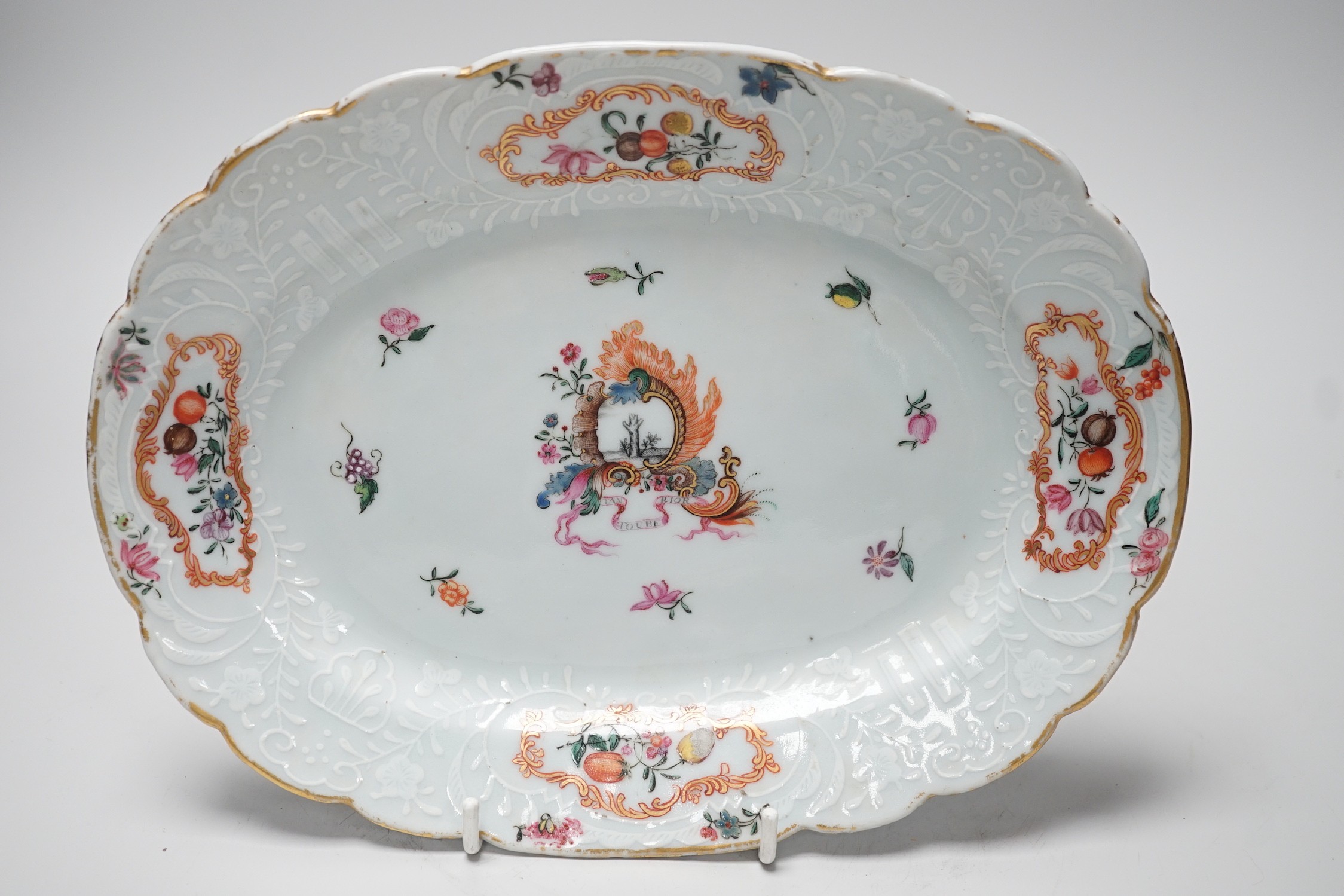 A Chinese Export pseudo armorial oval dish, c.1760, possibly of Jesuit significance, 25cms wide                                                                                                                             