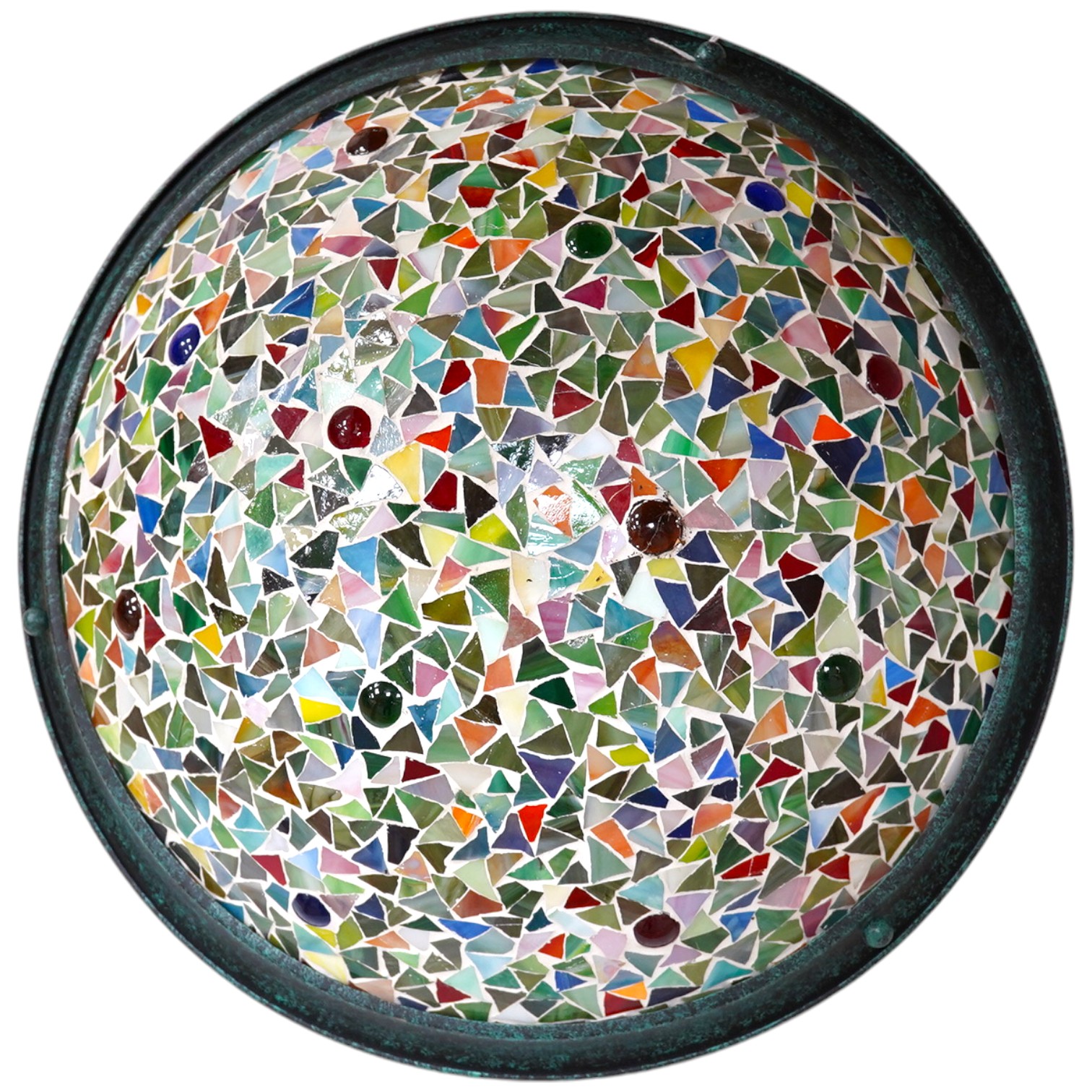 A mixed glass mosaic plaffonier light with metal frame, 41cm diameter. Condition - good                                                                                                                                     