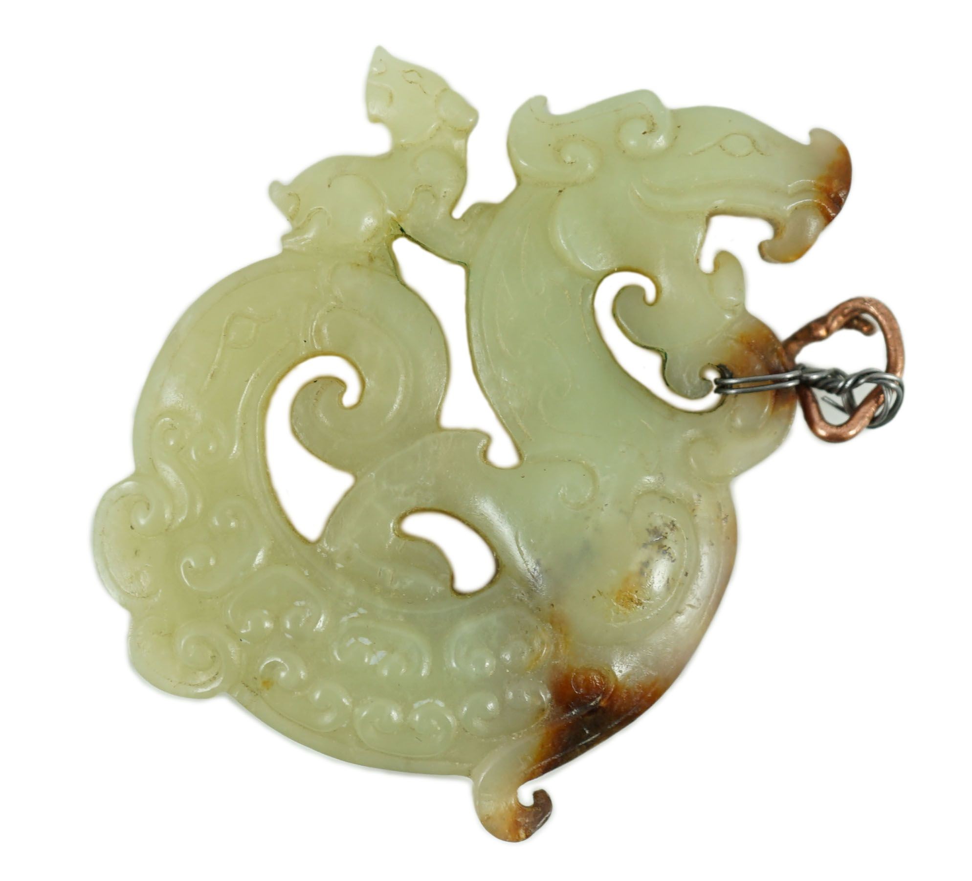 A Chinese archaistic yellow and russet jade openwork plaque, possibly Song-Yuan dynasty, 6.8cm                                                                                                                              