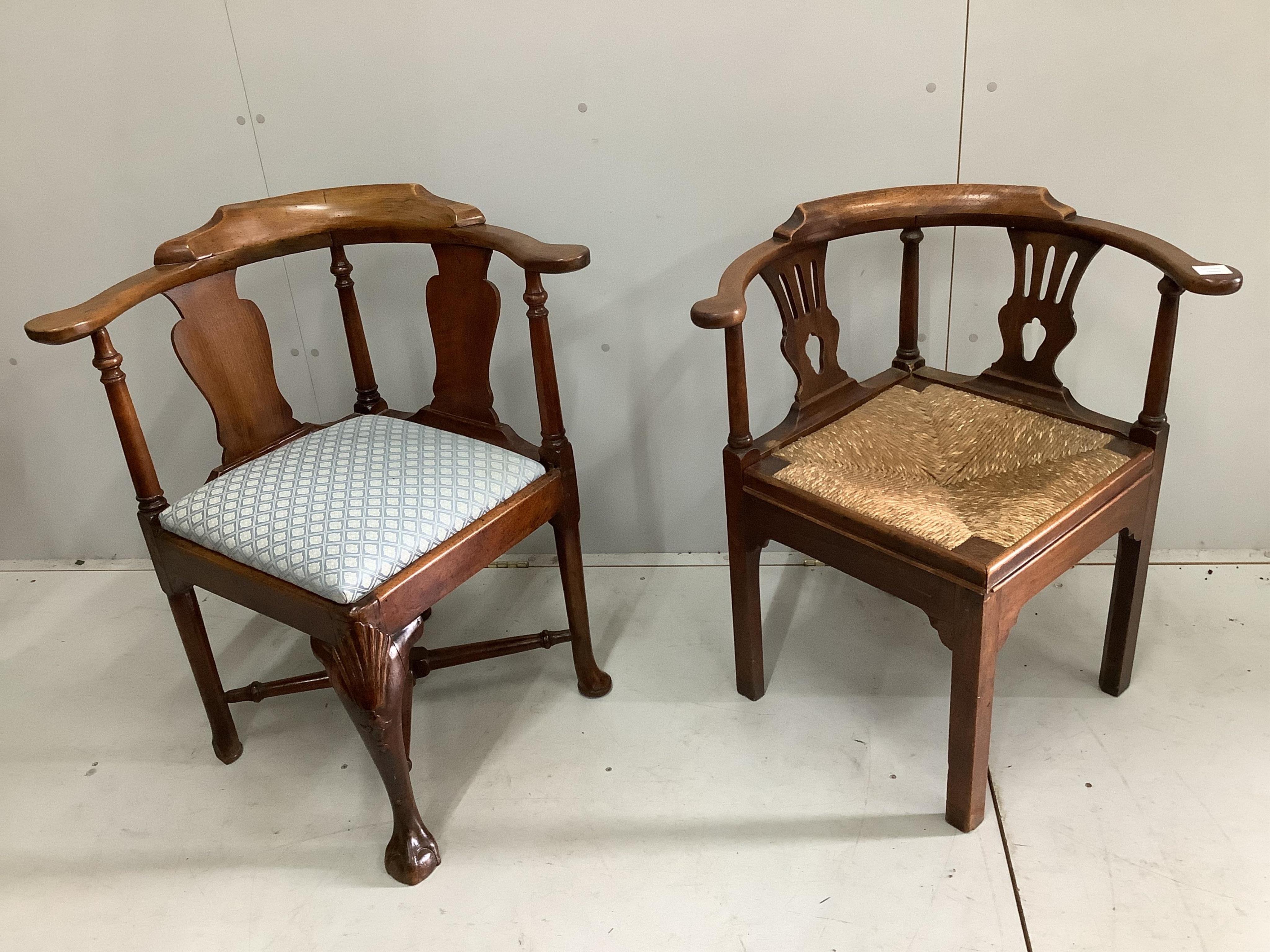 A George III mahogany corner elbow chair, width 77cm and a rush seat chair, width 71cm. Condition - fair, some losses and old worm holes                                                                                    