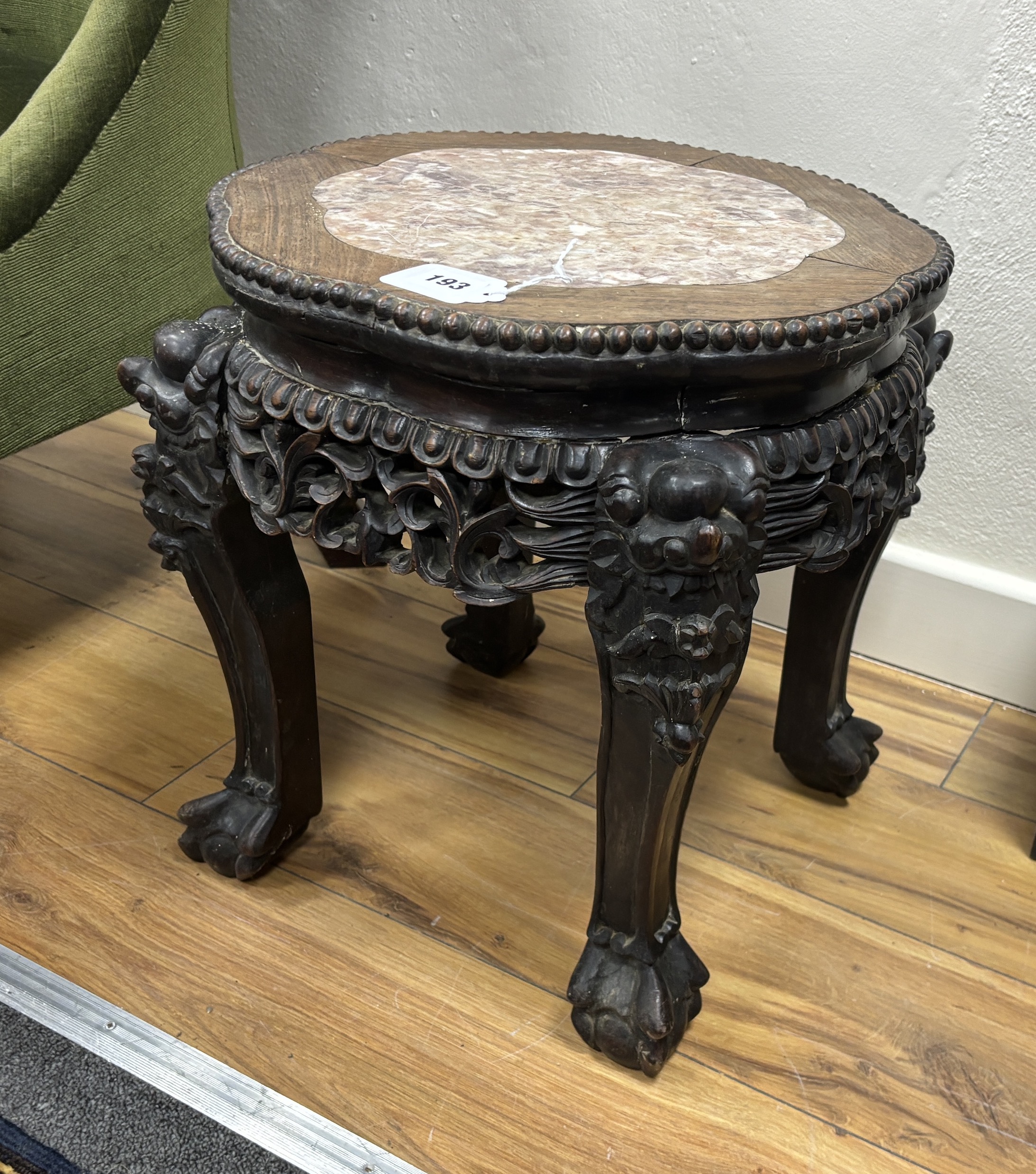 A Chinese marble topped jardiniere stand, width 38cm, height 39cm                                                                                                                                                           