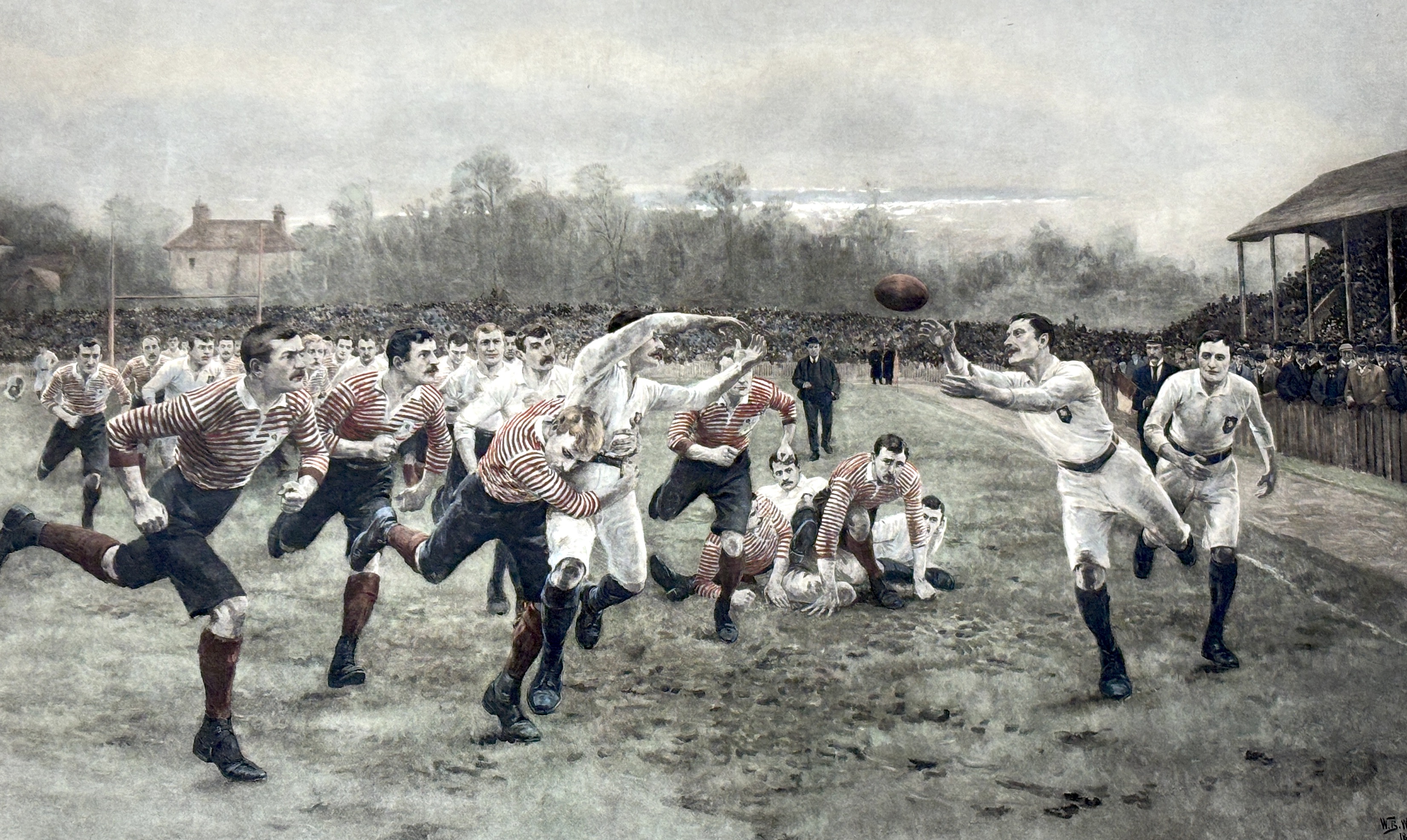 After William Barnes Wollen RI ROI (1857-1936), colour lithograph, ‘A Rugby Match’, publ. by Mawson, Swan & Morgan, 67 x 93cm                                                                                               