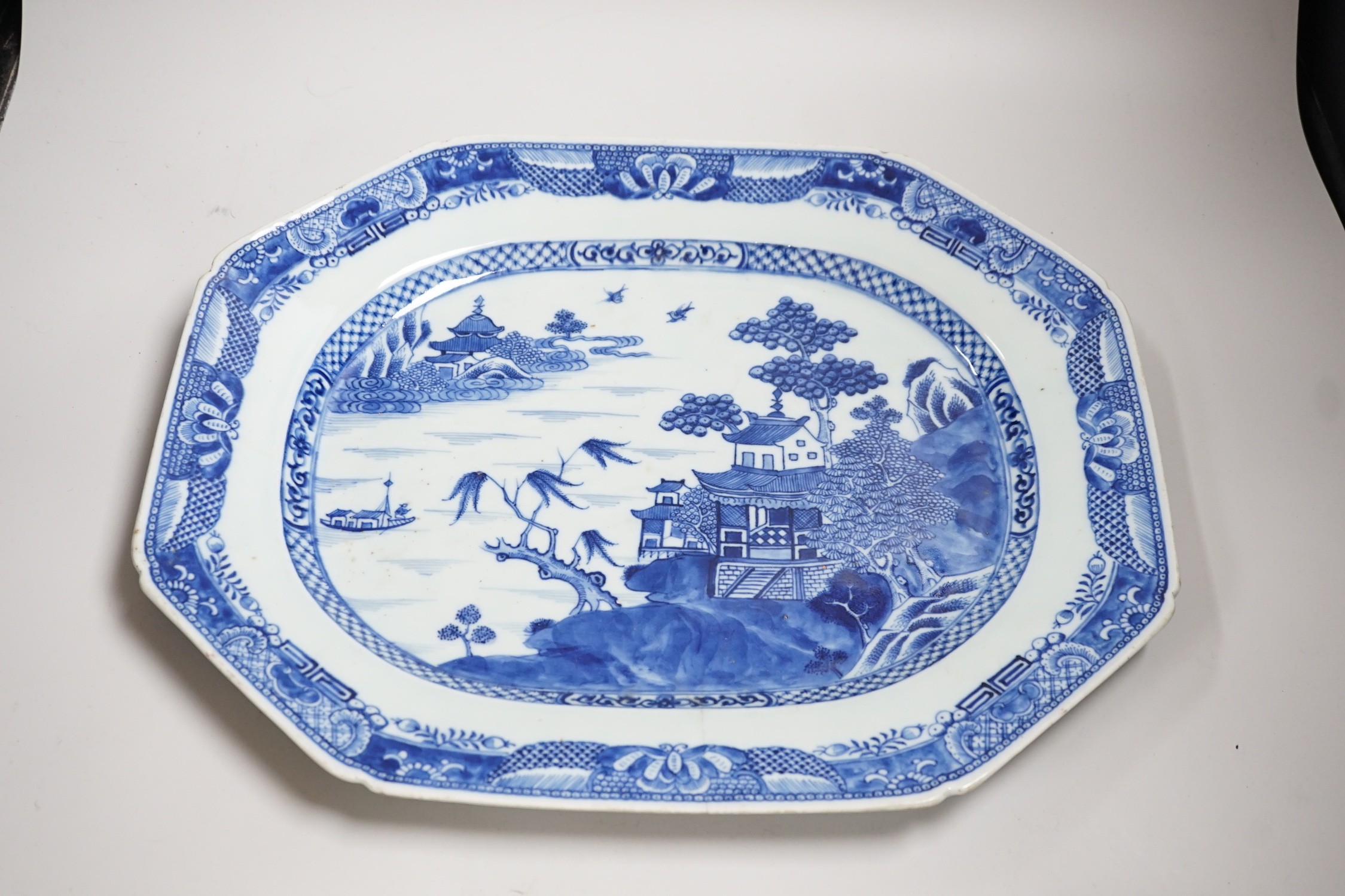 A Chinese Export blue and white meat dish, Qianlong period, Fitzhugh border, 45cms wide                                                                                                                                     