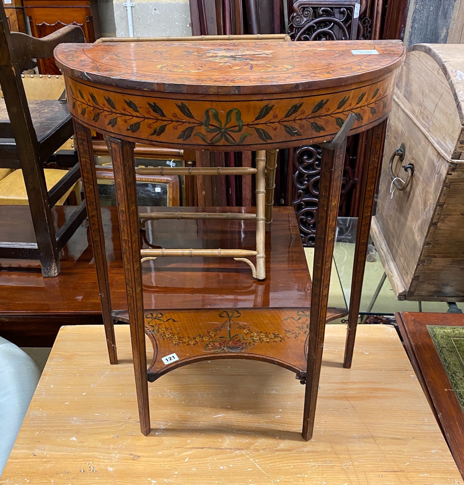 An Edwardian Sheraton Revival painted satinwood D shaped console table, width 61cm, depth 30cm, height 76cm                                                                                                                 
