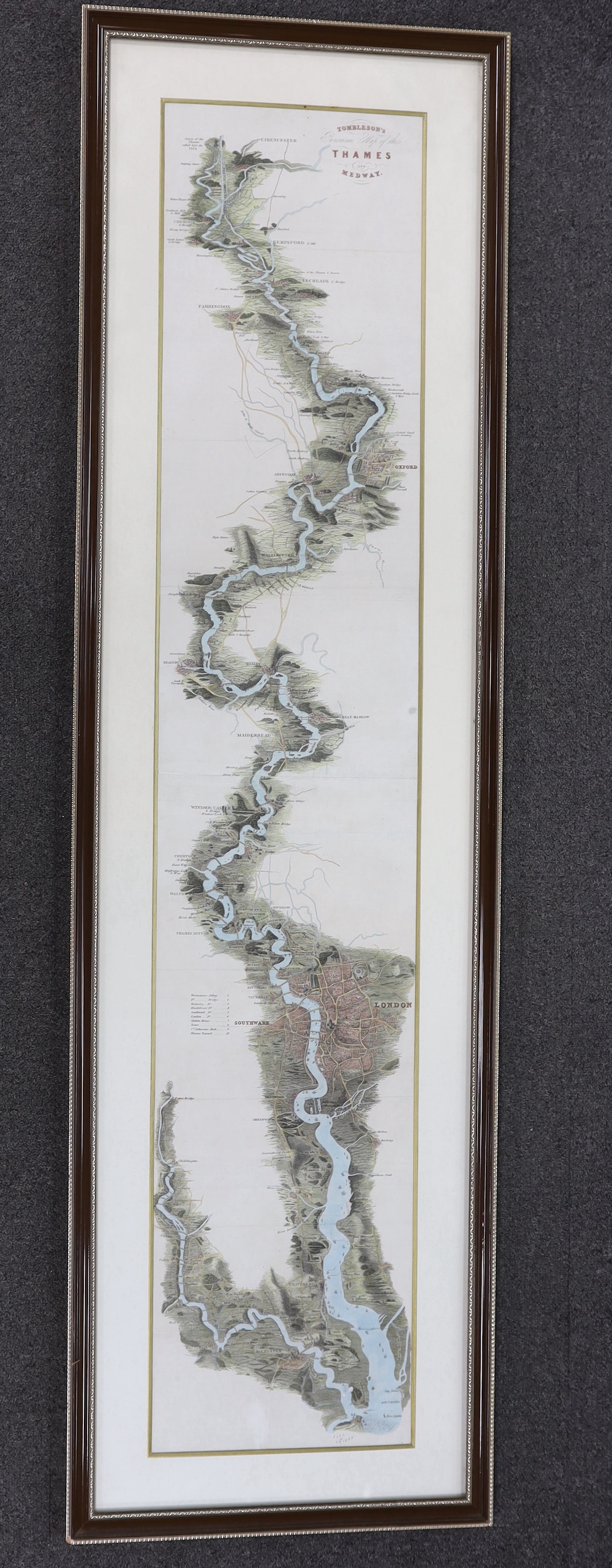 Tombleson's Thames, hand coloured engraved panoramic map of the Thames and Medway, 127 x 24cm                                                                                                                               