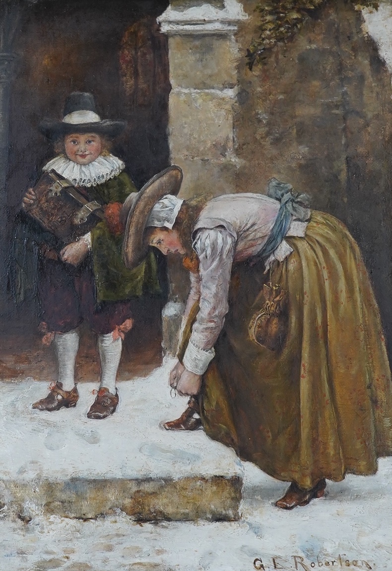 George Edward Robertson (1864-1920), oil on canvas, Winter street scene with two figures wearing 17th century dress, signed, 29 x 21cm, ornate gilt frame. Condition - good                                                 