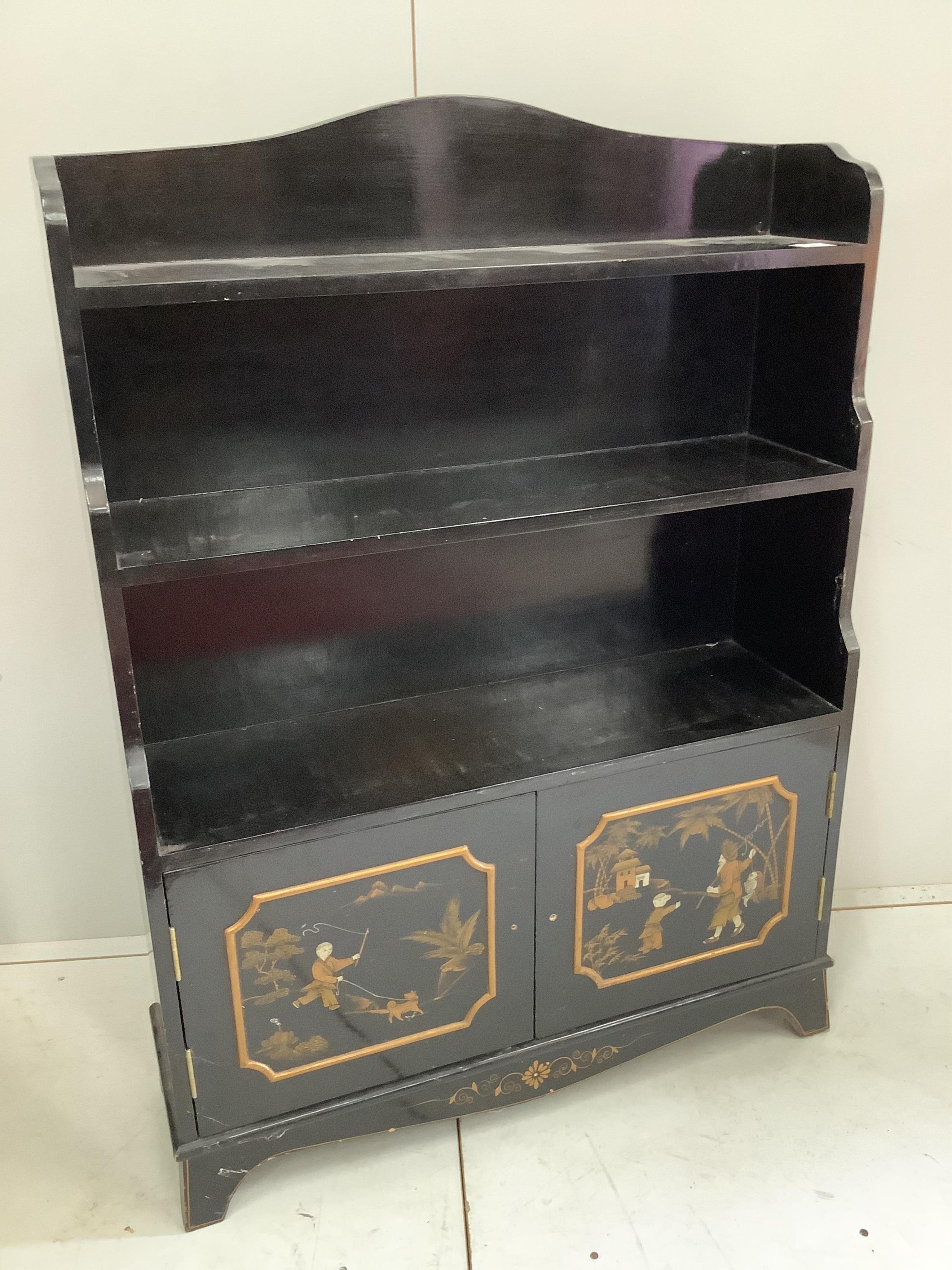 A reproduction chinoiserie decorated open dwarf bookcase, width 88cm, depth 26cm, height 120cm. Condition - fair                                                                                                            