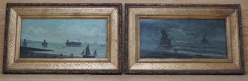 Brighton Interest, pair of oils on board, Chain Pier before and after, 13 x 27cm. Condition - would benefit from a clean                                                                                                    