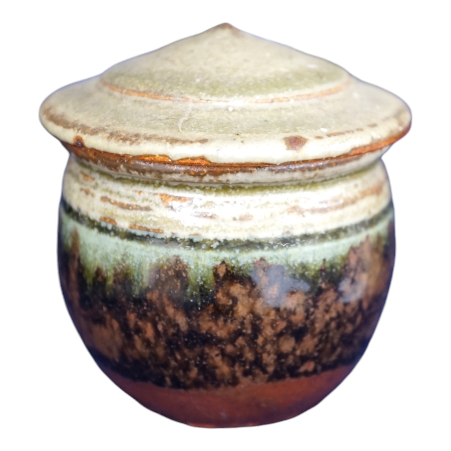 Richard Batterham (1936-2021). a Stoneware art pottery pot and conical cover, 8cm high. Condition - good                                                                                                                    