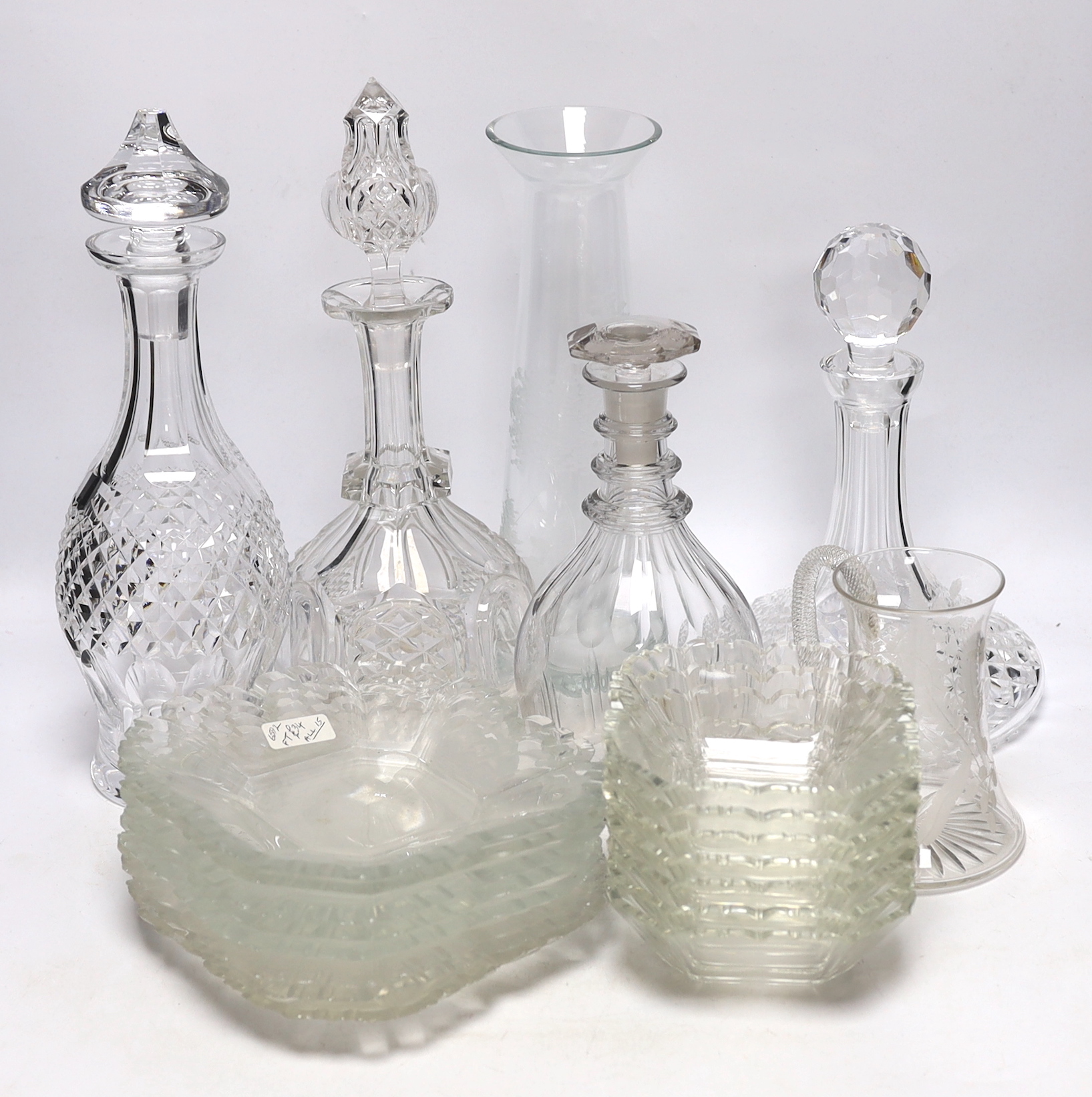 Antique and later glassware including four decanters, dishes and etched vase, largest 33cm high                                                                                                                             