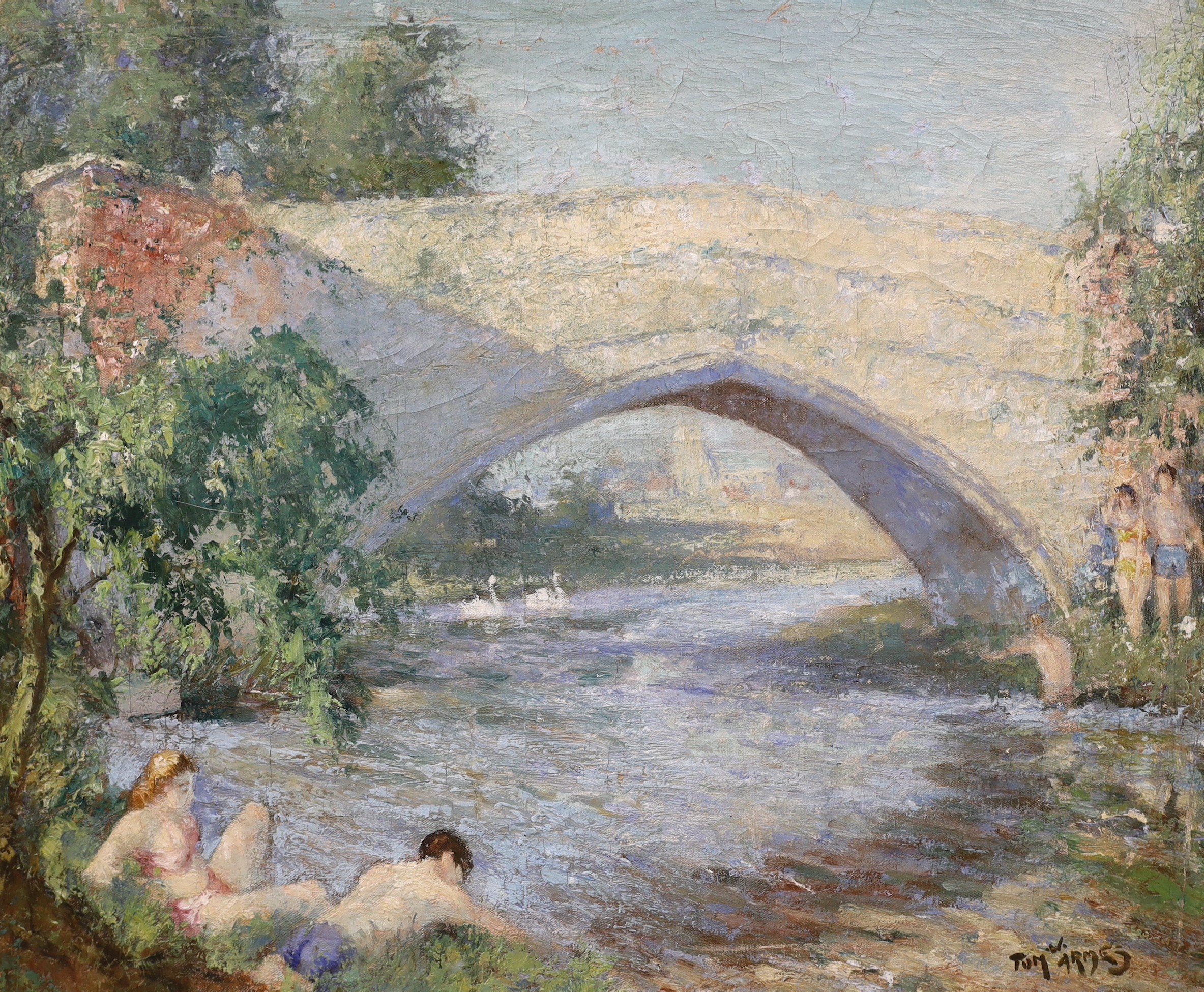 Thomas W. Armes (1894-1963), oil on canvas, Bathers beside a stone bridge, signed, 47 x 56cm                                                                                                                                