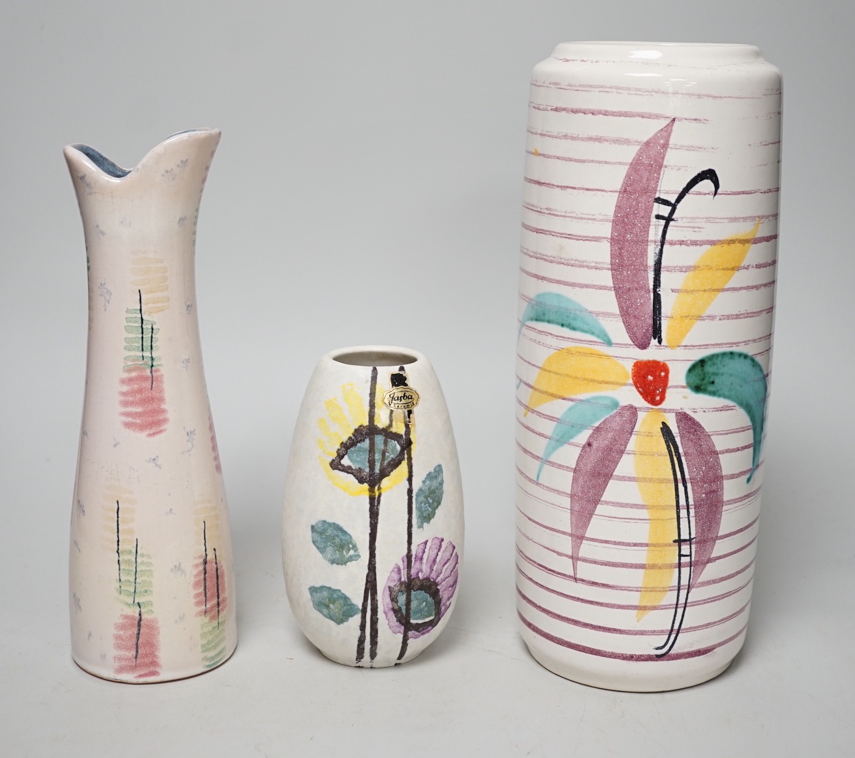 Three West German art pottery vases; Jasba vase and Bay Keramik, tallest 28cm                                                                                                                                               
