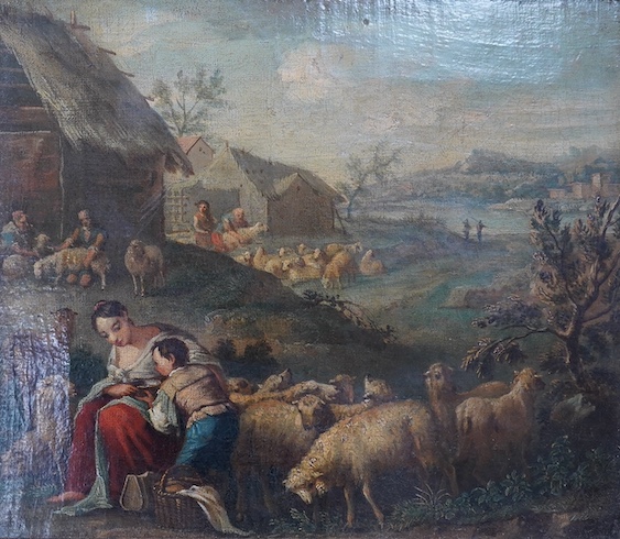 Follower of Du Jardin, oil on canvas, Figures and sheep in a landscape, 29.5 x 34.5cm. Condition - fair                                                                                                                     