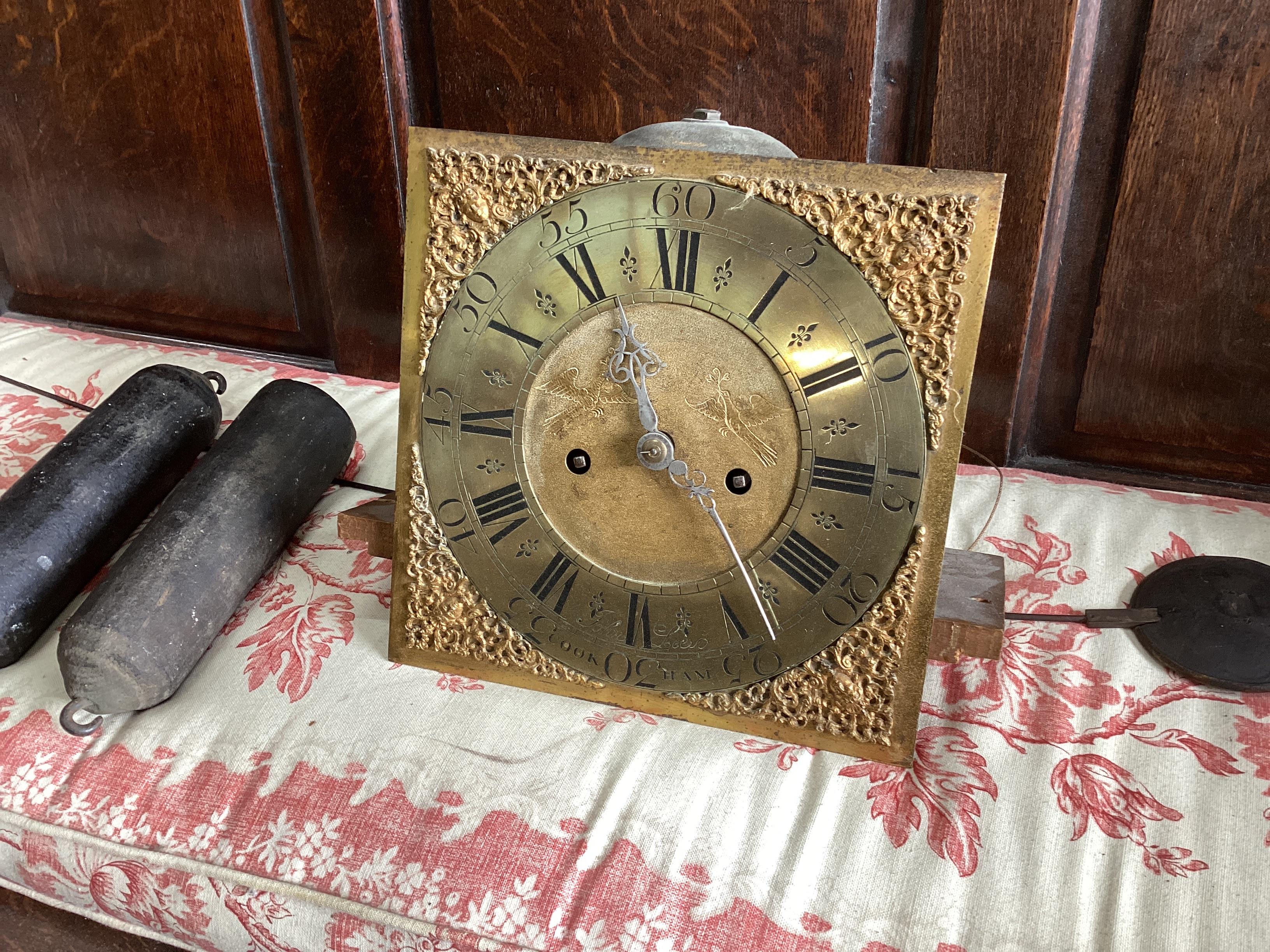 A late 18th century eight day longcase clock movement, the 11in. square brass dial inscribed John Lees, Cookham, with pendulum and two weights                                                                              