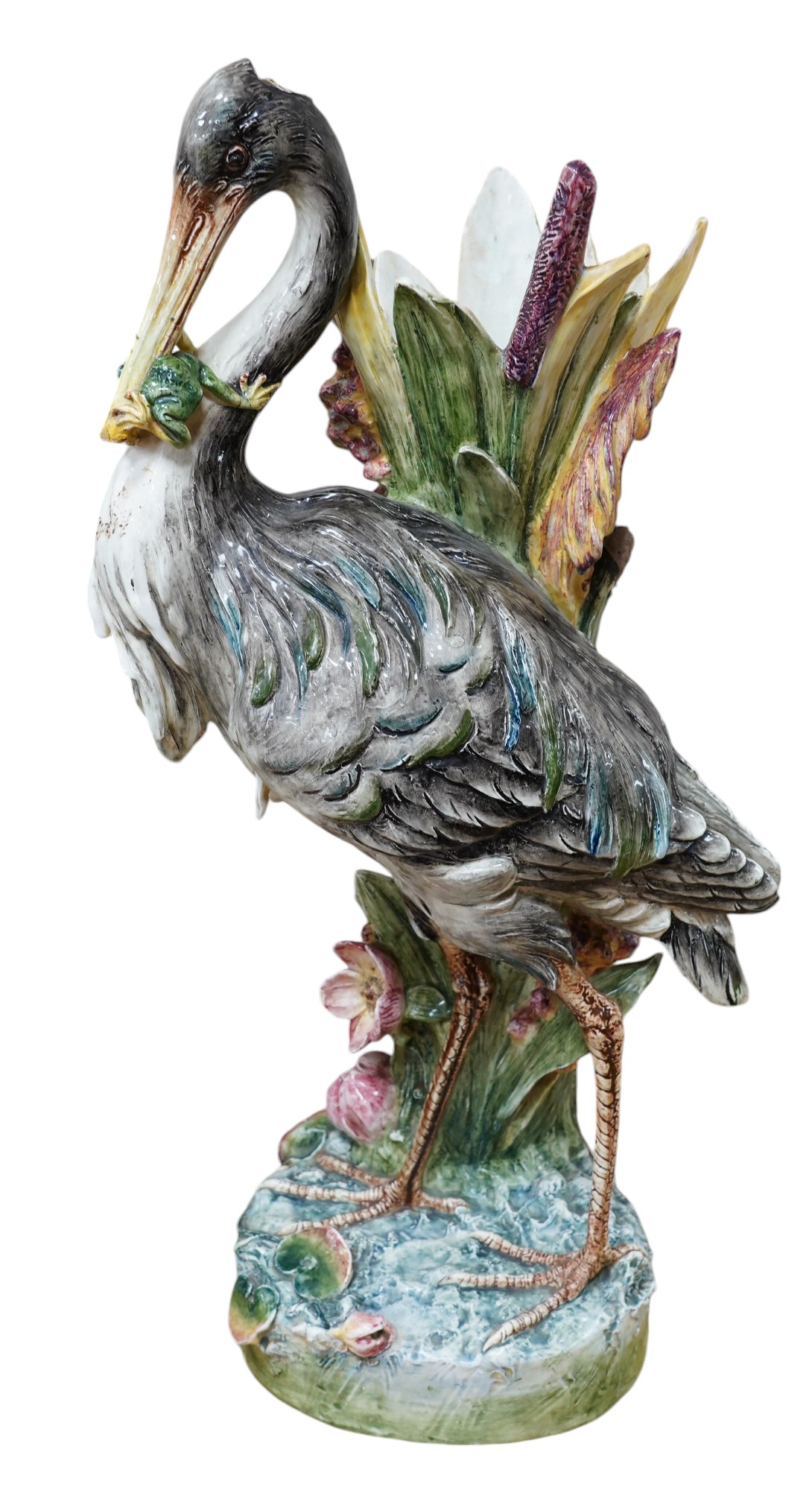 A French decorative majolica 'Stork' stick stand, 100cm high. Condition - damage to head feathers                                                                                                                           