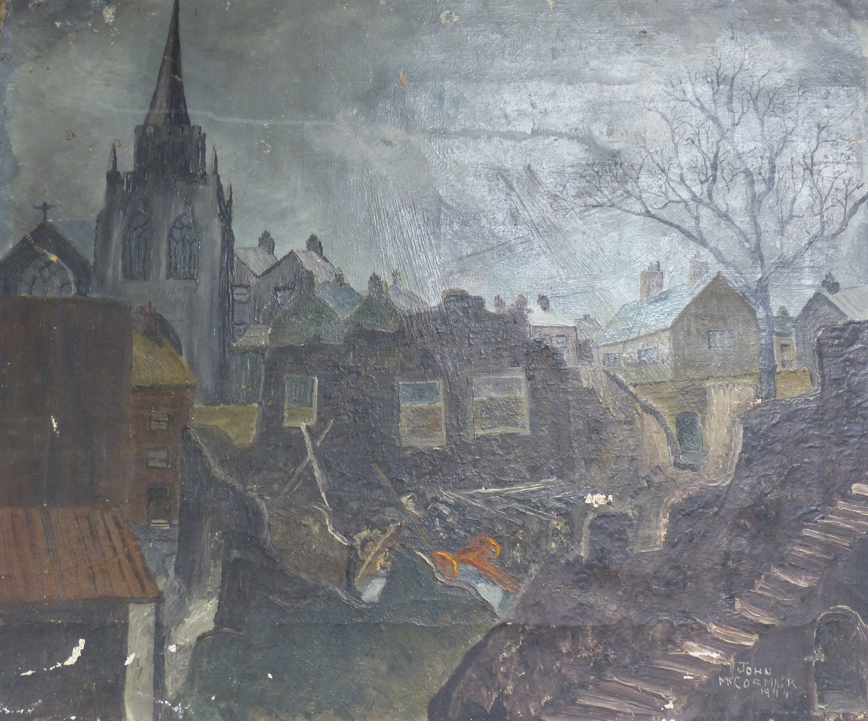 John McCormick, oil on canvas, Townscape during The Blitz, signed and dated 1944, 56 x 67cm, unframed                                                                                                                       