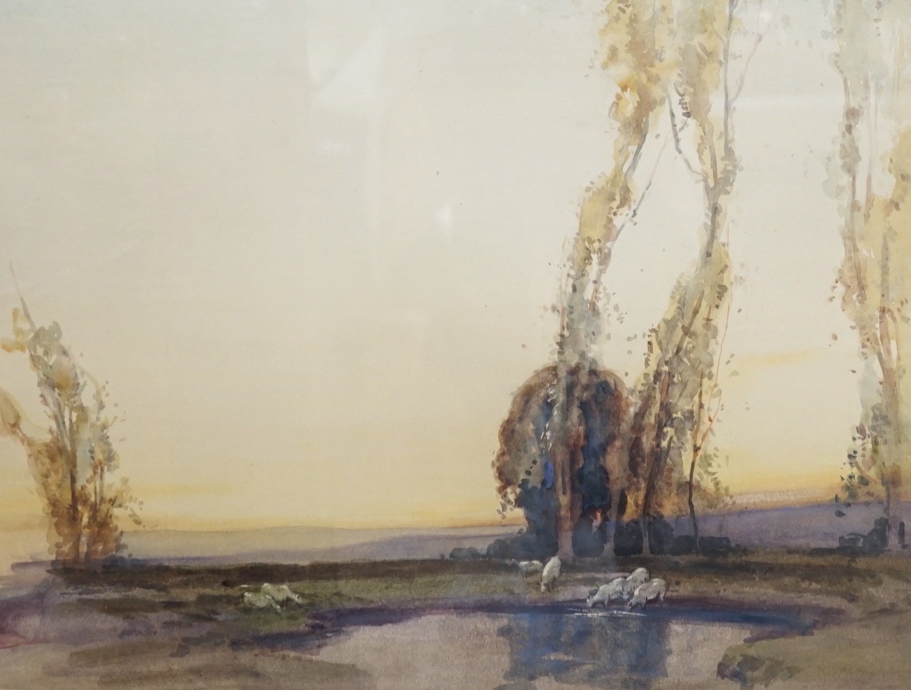 John Littlejohns (1874-1955), watercolour, Sheep in a river landscape, label verso, 36 x 47cm                                                                                                                               
