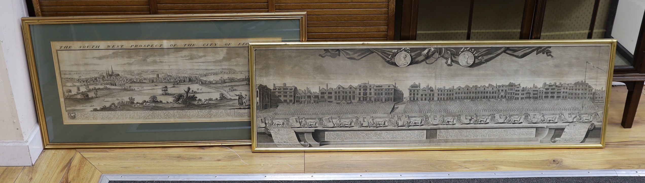 George Vertue, engraving, ‘View of the charity children in The Strand … 1715’, 39 x 128cm and a Buck engraving, South West Prospect of the City of Lichfield, 32 x 80cm                                                     