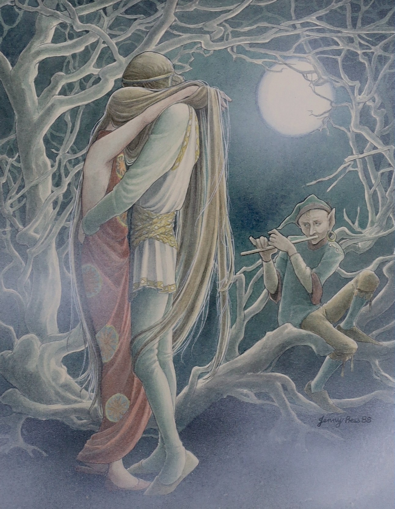 Jenny Press, watercolour, Medieval lovers by moonlight, signed and dated '88, 25 x 19.5cm                                                                                                                                   