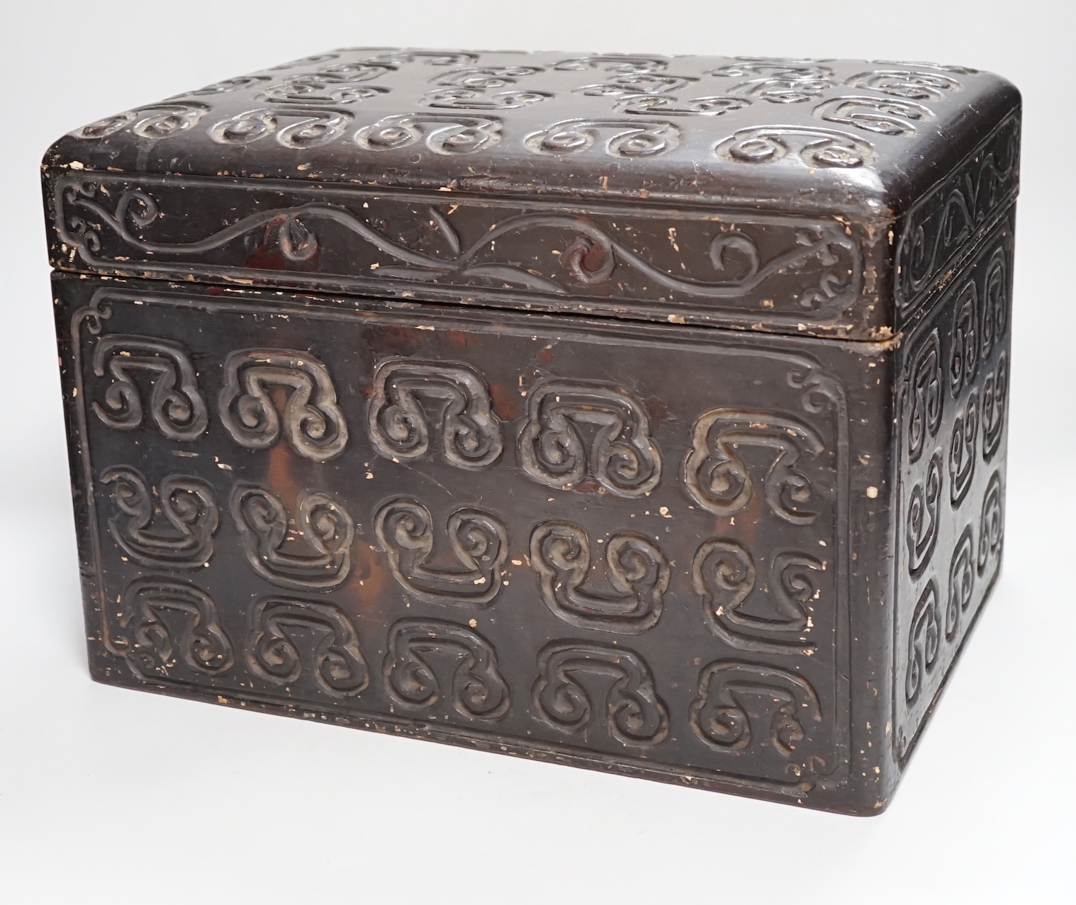 A Chinese tixi style lacquer box, 36cm wide, 26cm high                                                                                                                                                                      