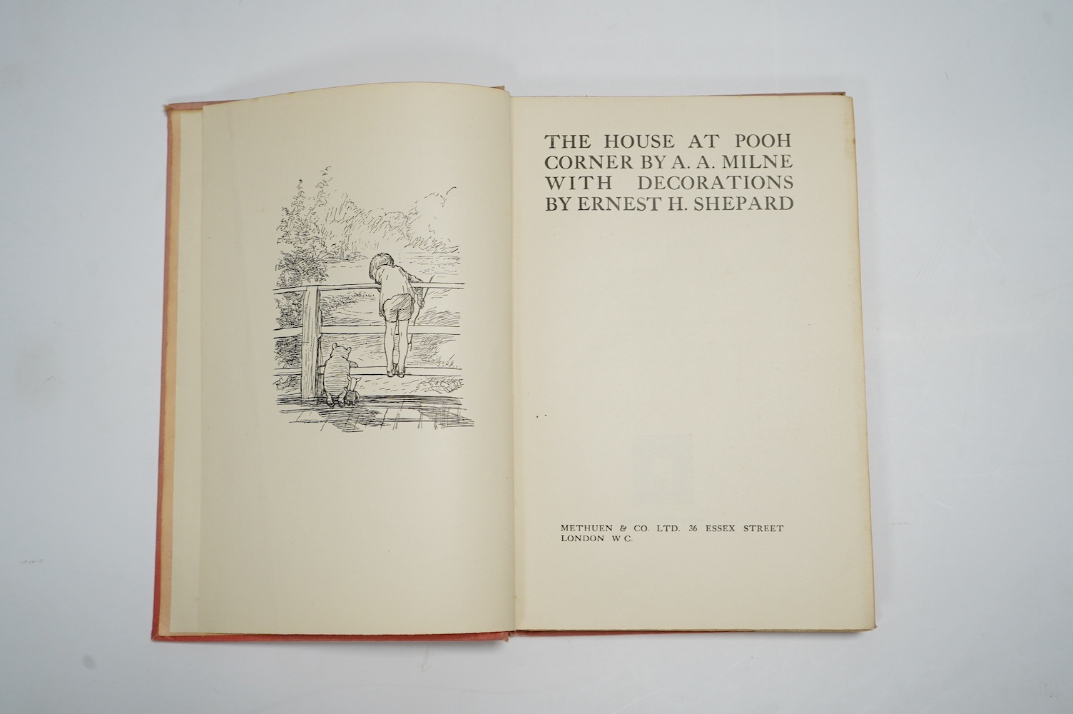 Milne, A.A - The House at Pooh Corner, 1st. edition, illustrations by Ernest H. Shepard, original cloth with gilt tooled decoration to front board, sun bleached spine, ink ownership signature to front fly-leaf, top edge 